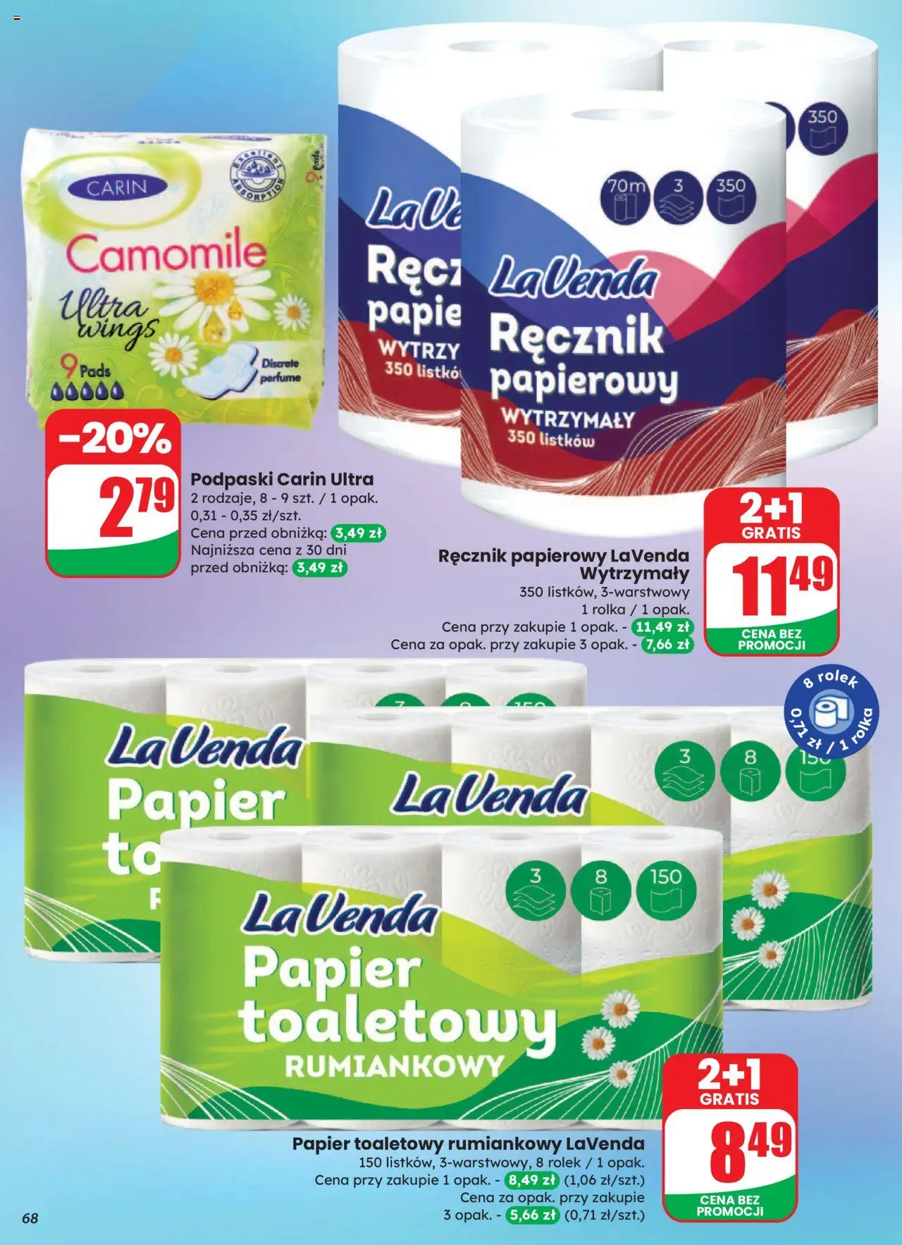 Dino Gazetka od 06.08.2025 | Strona: 68 | Produkty: Papier toaletowy, Podpaski, Ręcznik papierowy