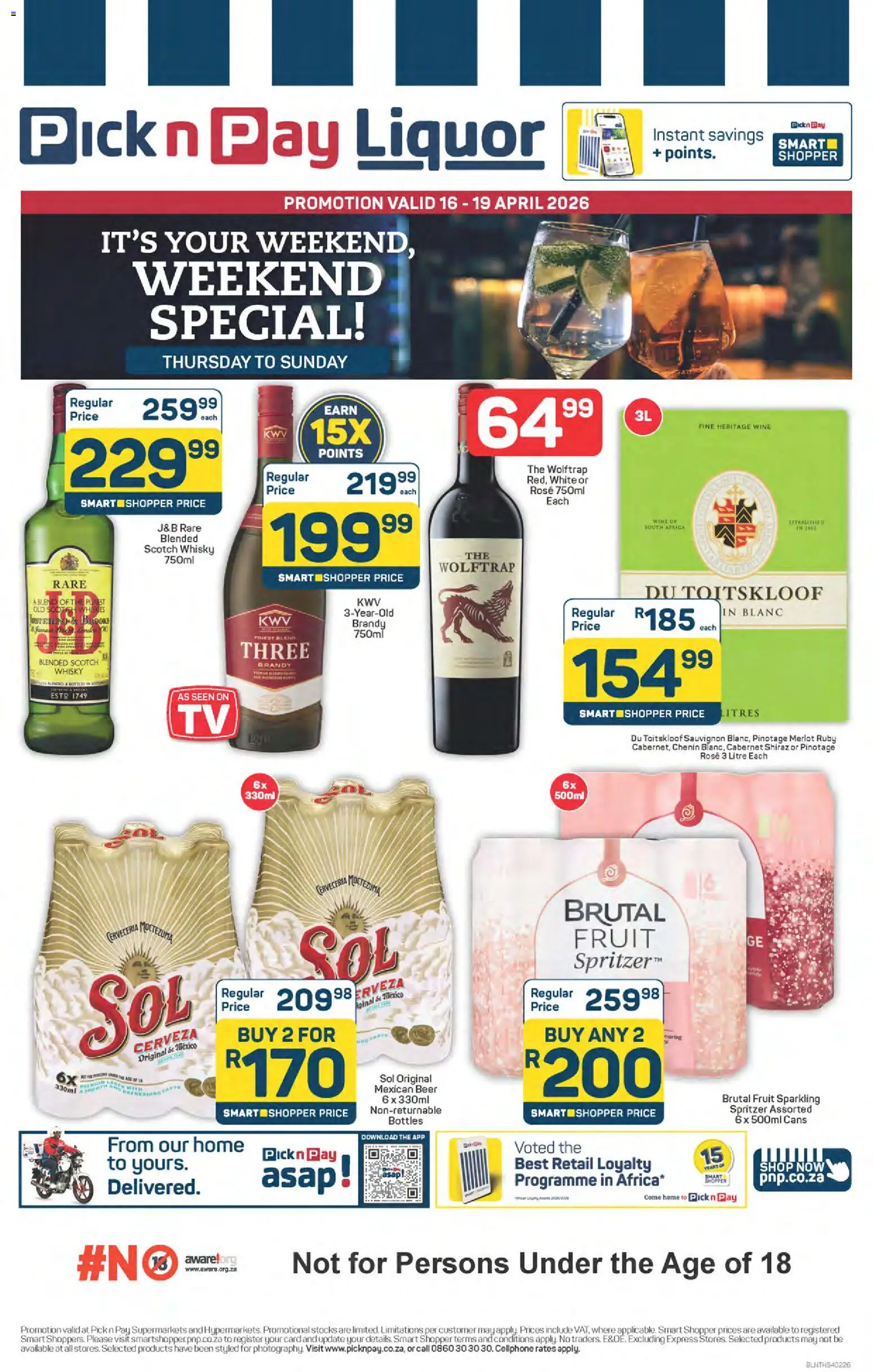 New Pick n Pay catalogue – valid from 16.04.2026 | Page: 1 | Products: Brandy, Wine, Beer, Fruit
