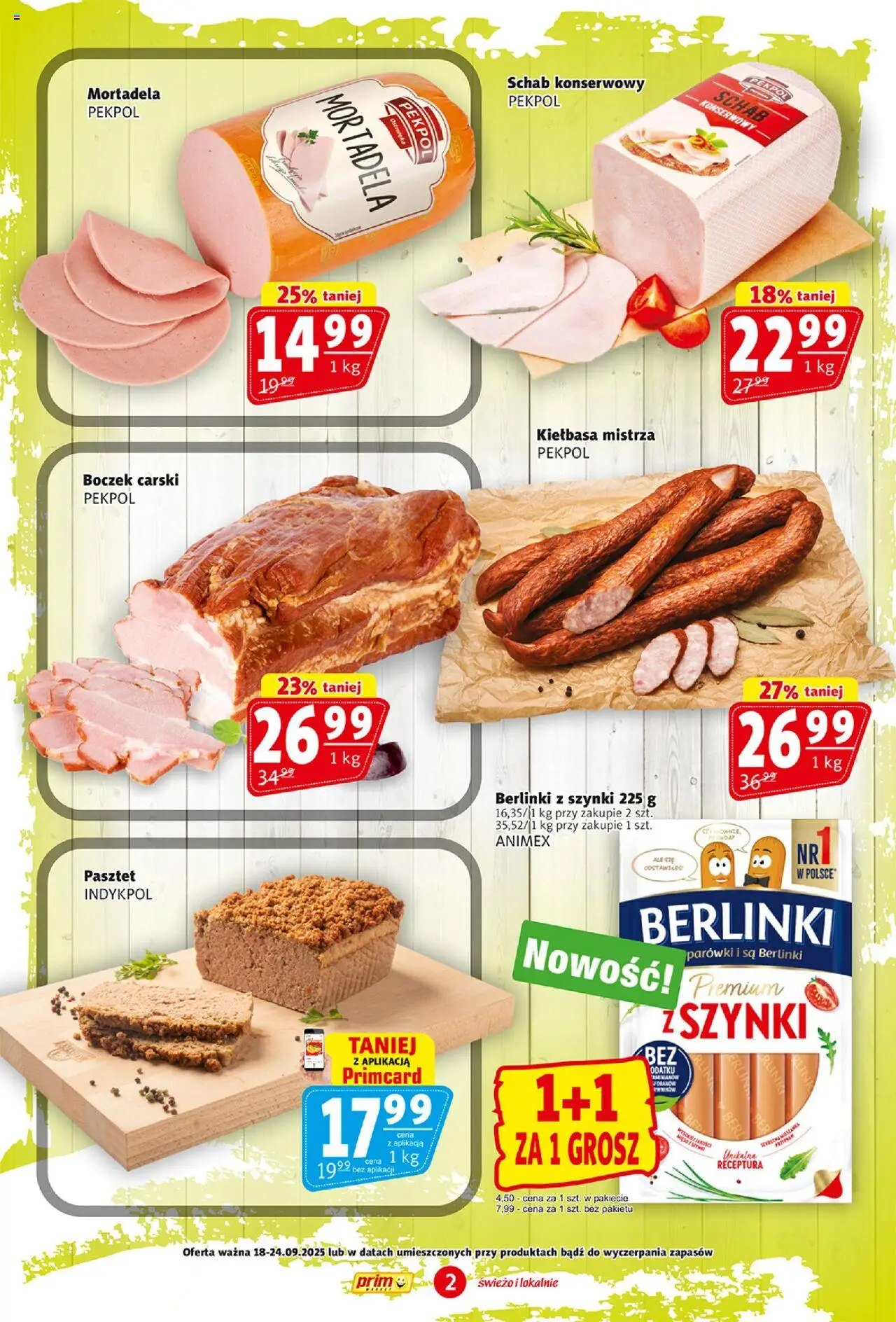 Prim Market Gazetka od 18.09.2025 | Strona: 2 | Produkty: Kiełbasa, Mortadela, Schab, Parówki