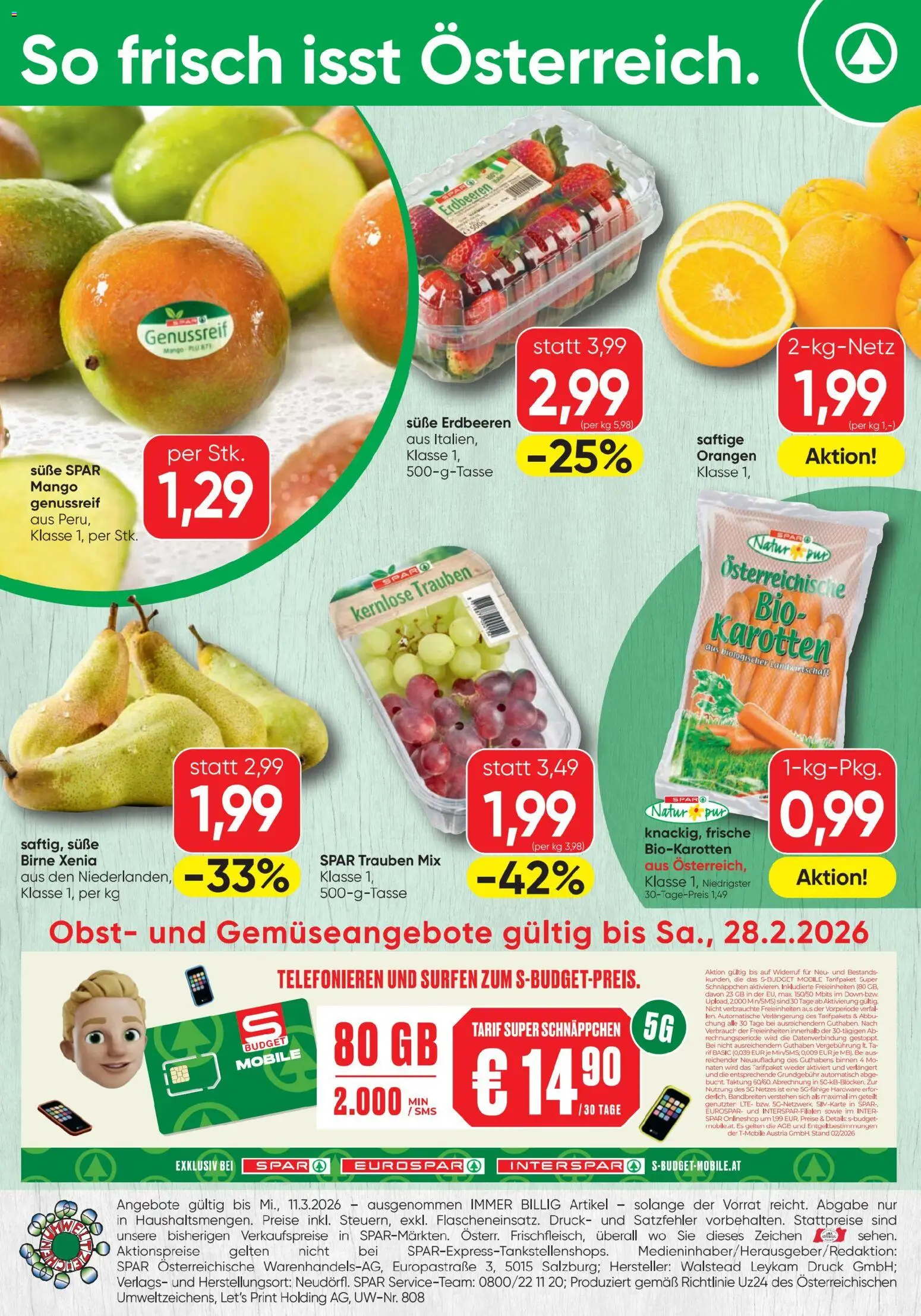 Spar Flugblatt gültig ab 26.02.2026 | Seite: 20 | Produkte: Erdbeeren, Obst, Mango, Orangen