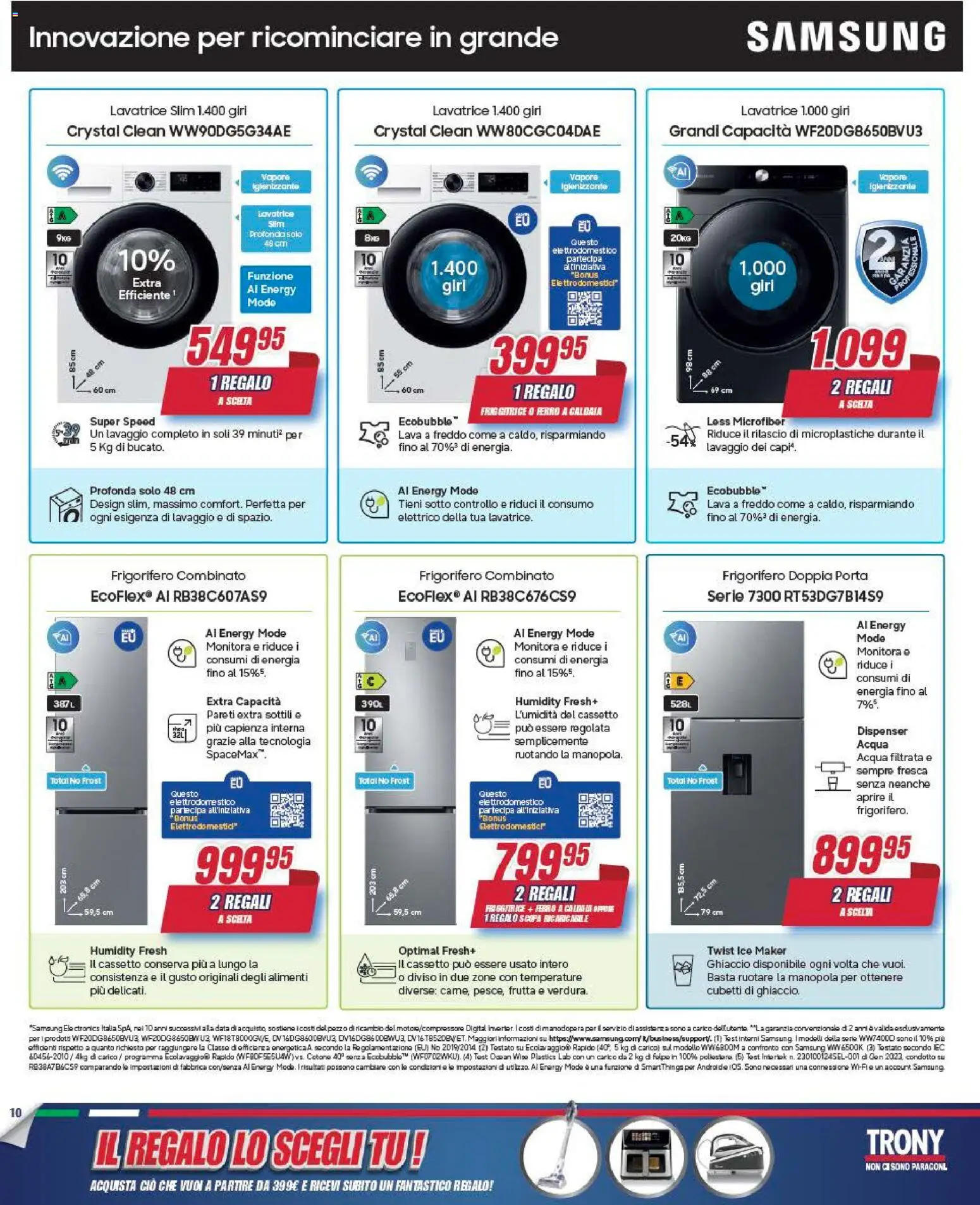 Volantino Trony del 09.04.2026 | Pagina: 10 | Prodotti: Acqua, Scopa, Frigorifero combinato, Samsung