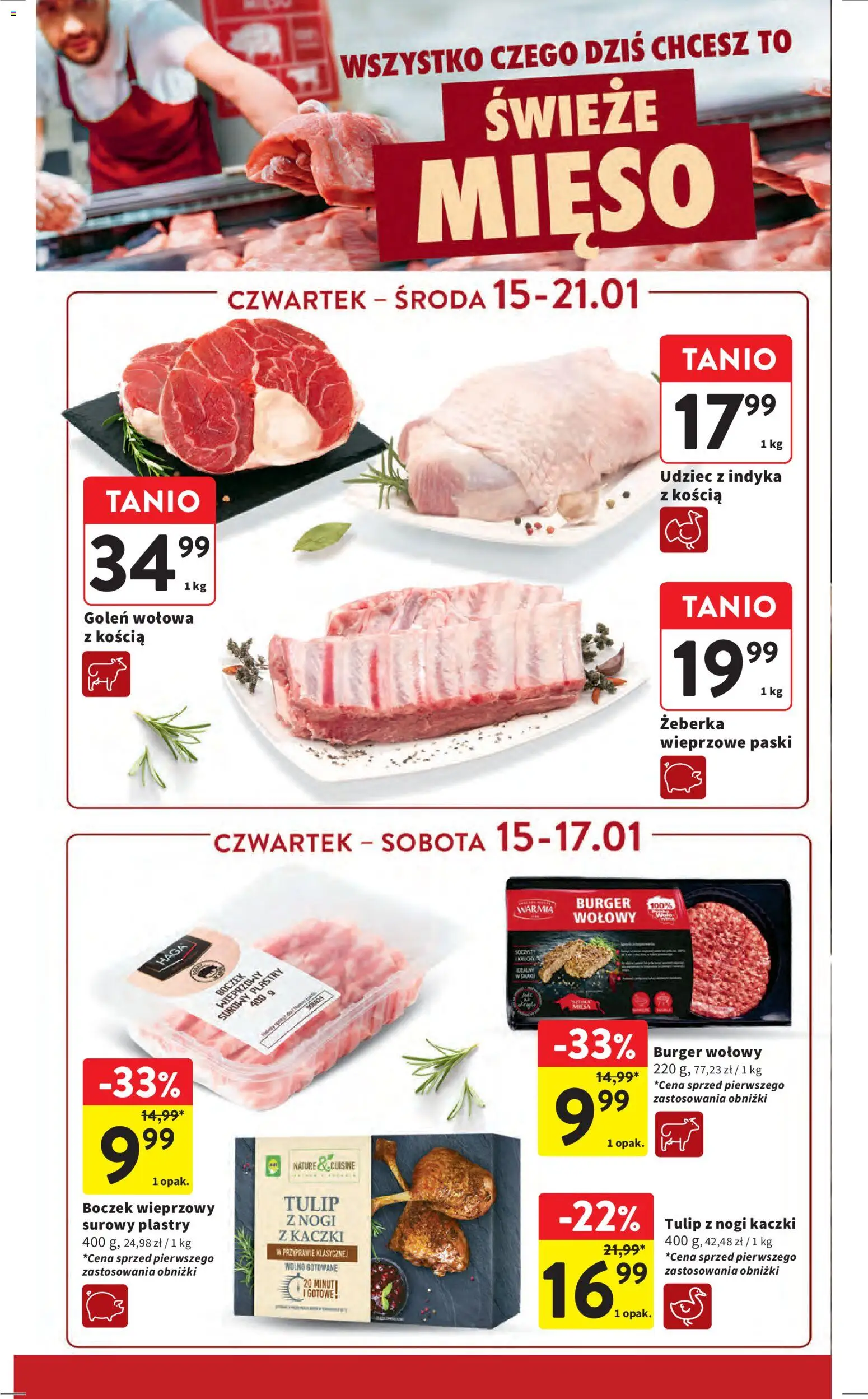 Intermarche Gazetka od 15.01.2026 | Strona: 20 | Produkty: Burger wołowy, Mięso, Wolno gotowane, Boczek
