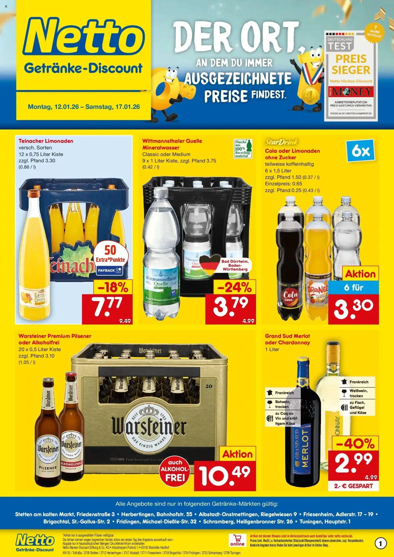 Netto Marken-Discount prospekt Friesenheim	 – gültig ab 12.01.2026 | Seite: 1 | Produkte: Käse, Mineralwasser, Warsteiner, Grand sud