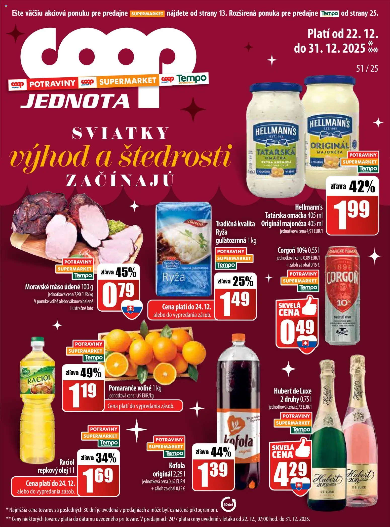 Nové COOP Jednota akcie – leták je platný od 22.12.2025 | Strana: 1 | Produkty: Kofola, Corgoň, Tatárska omáčka, Omáčka