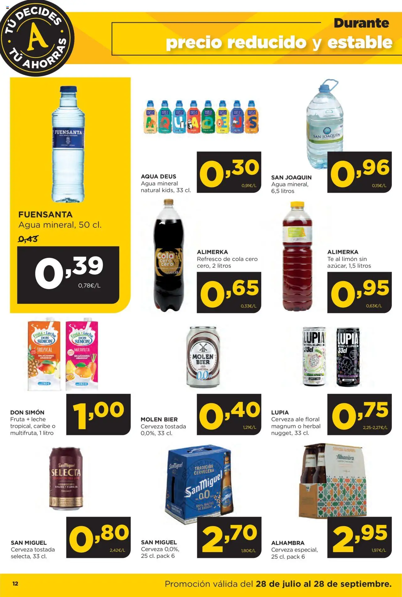 Alimerka folleto │ válido desde el 28.07.2025 | Página: 12 | Productos: Leche, Cerveza, Té, Agua mineral
