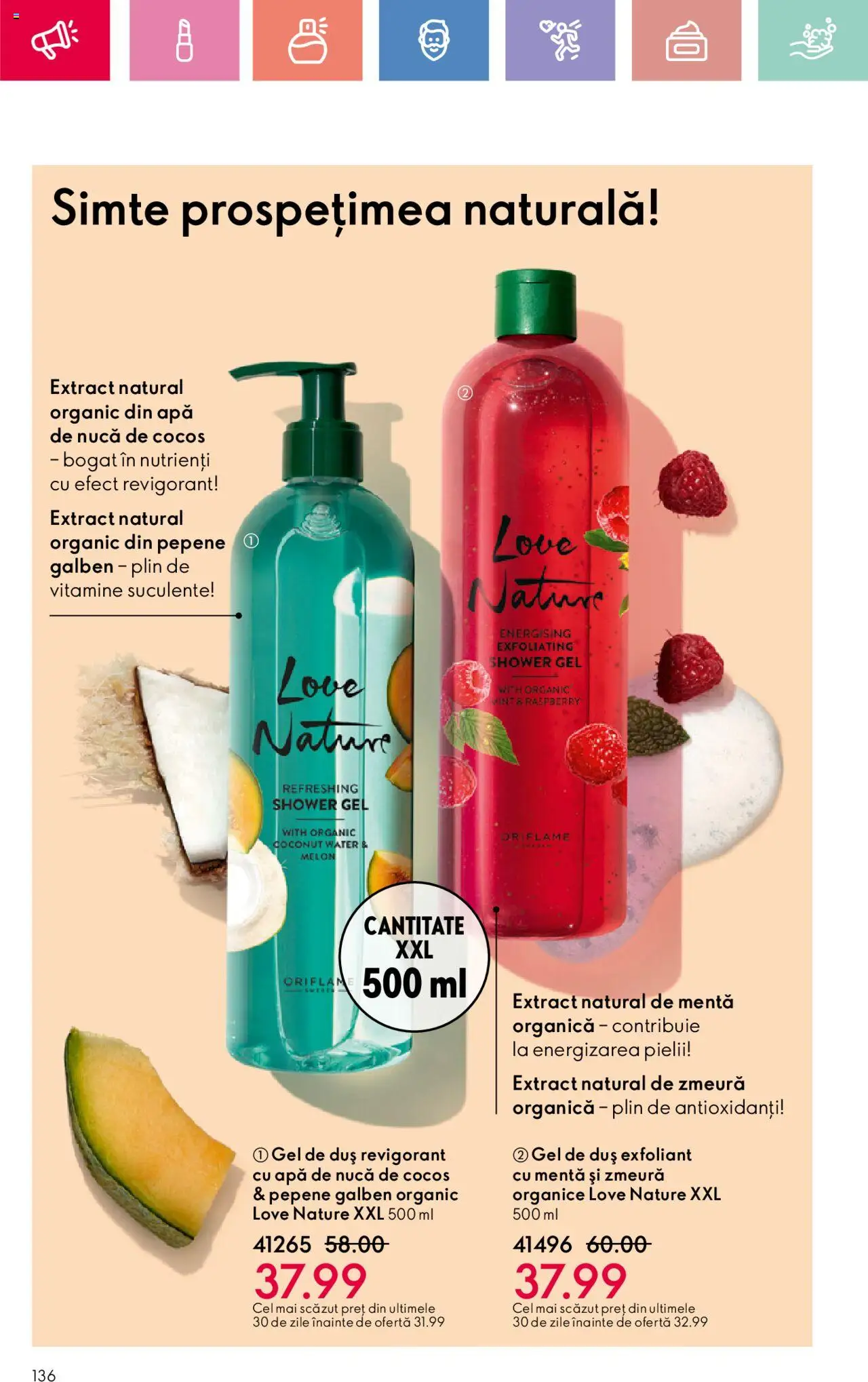 Oriflame catalog 11 2025 – valabil de la 27.07.2025 | Pagină: 136 | Produse: Pepene Galben, Zmeură, Duș, Apă