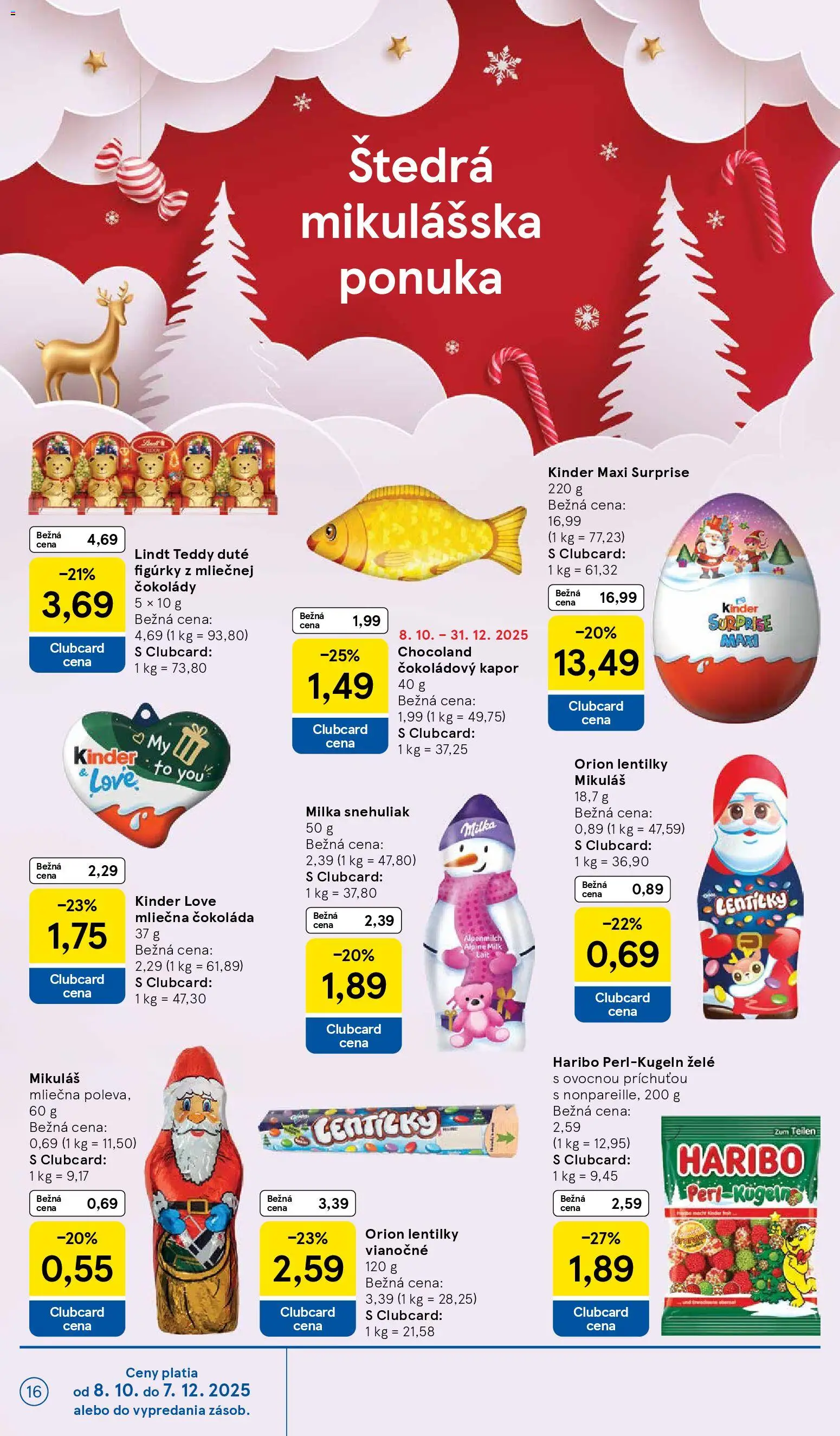 Nové Tesco akcie – leták je platný od 26.11.2025 | Strana: 16 | Produkty: Lindt, Kinder, Čokoláda, Milka