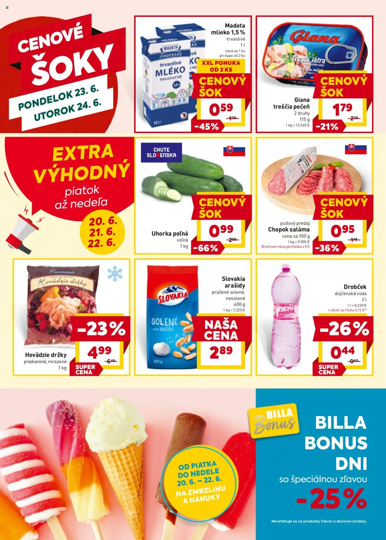 Billa leták │ platný od 18.06.2025 | Strana: 20 | Produkty: Mlieko, Saláma, Bravčové mäso, Voda