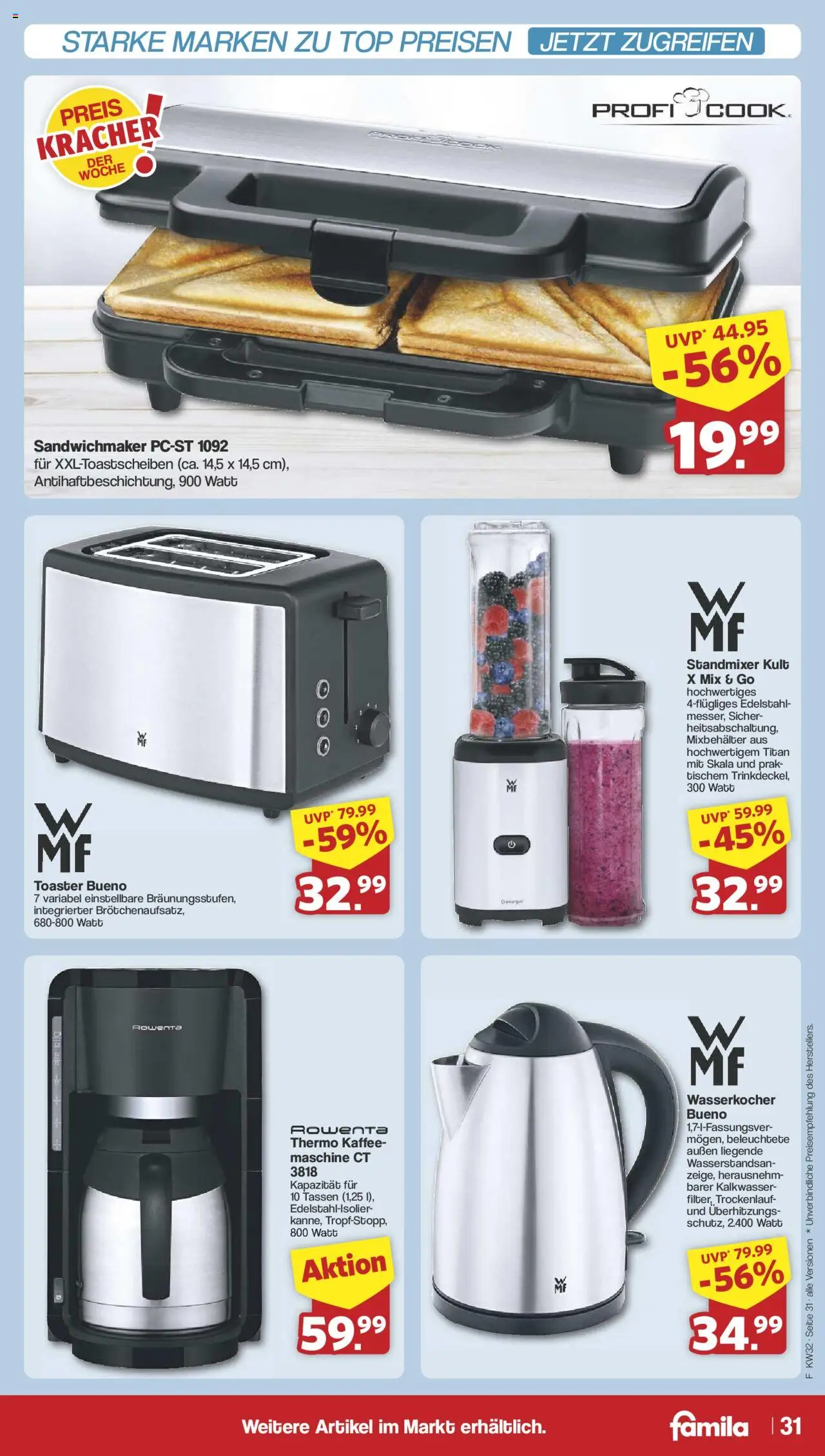 Famila Nordwest Prospekt 	 - gültig ab dem 03.08.2025 | Seite: 34 | Produkte: Top, Wasserkocher, Sandwichmaker, Toaster