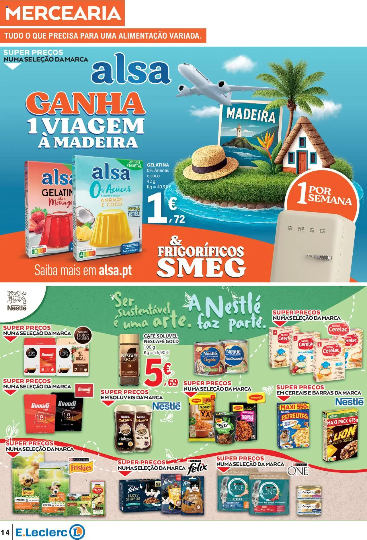 E.Leclerc folheto │ válido de 14.08.2025 | Página: 14 | Produtos: Banana, Gelatina, Café, Nuggets