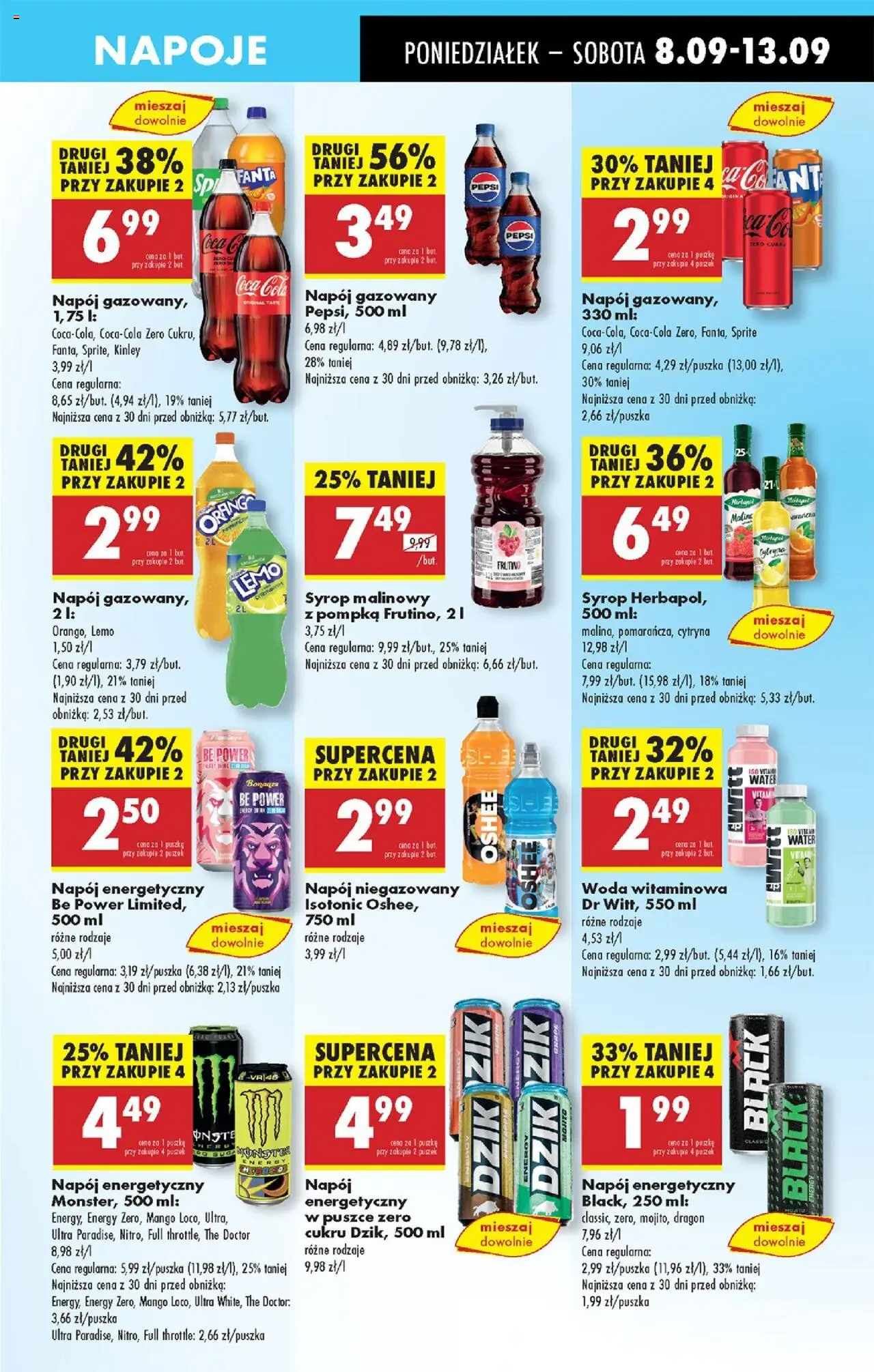 Biedronka gazetka od 08.09.2025 | Strona: 49 | Produkty: Mango, Syrop, Napój energetyczny Be Power, Woda