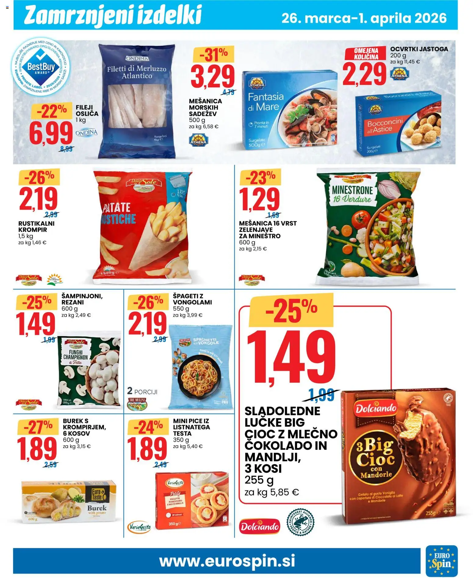Novi Eurospin katalog ponudbe – veljaven od 26.03.2026 | Stran: 7 | Izdelki: Sladoledne lučke, Ribe, Spageti, Krompir