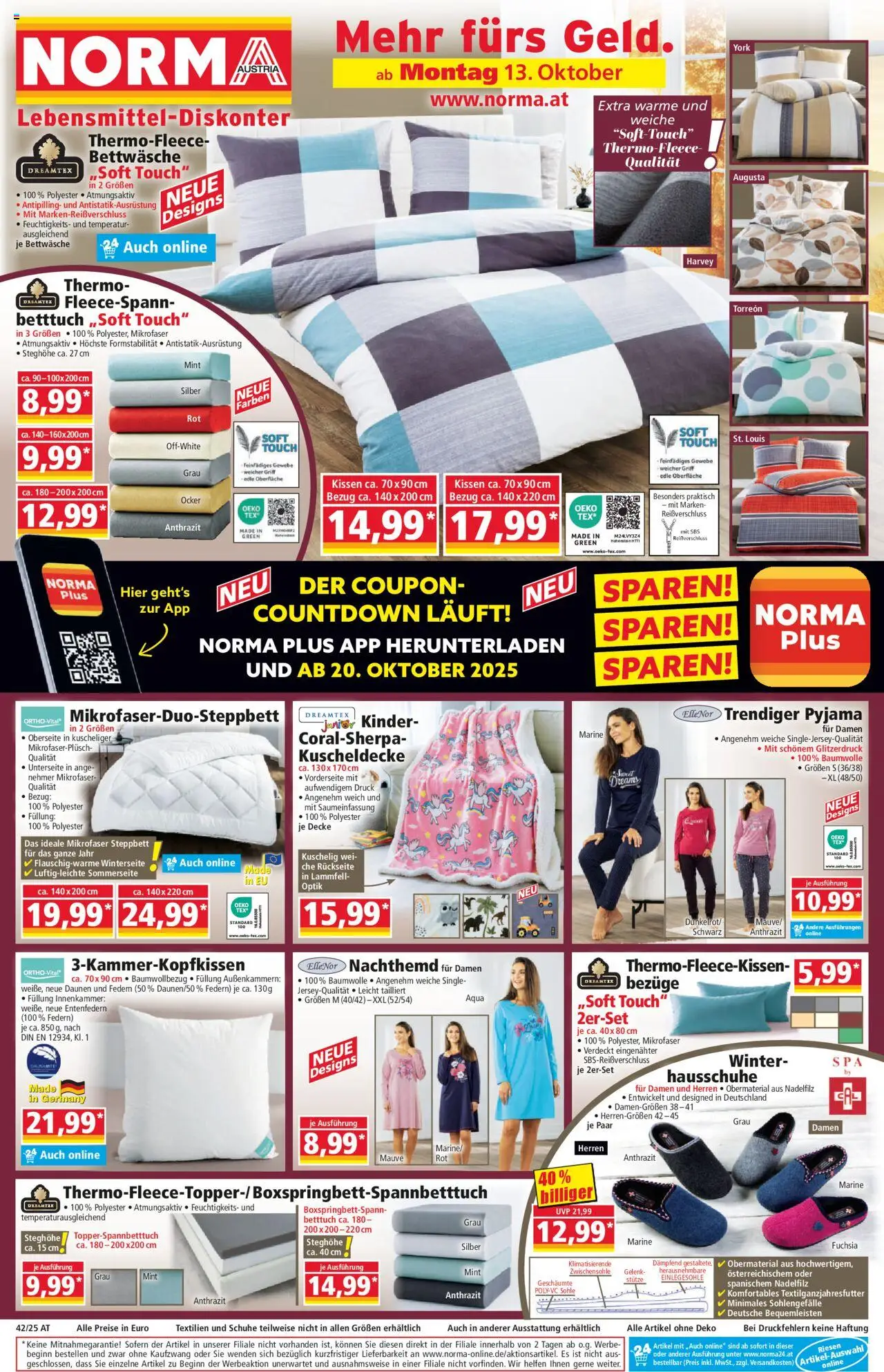 Norma Flugblatt gültig ab 13.10.2025 | Seite: 1 | Produkte: Pyjama, Hausschuhe, Kissen, Decke