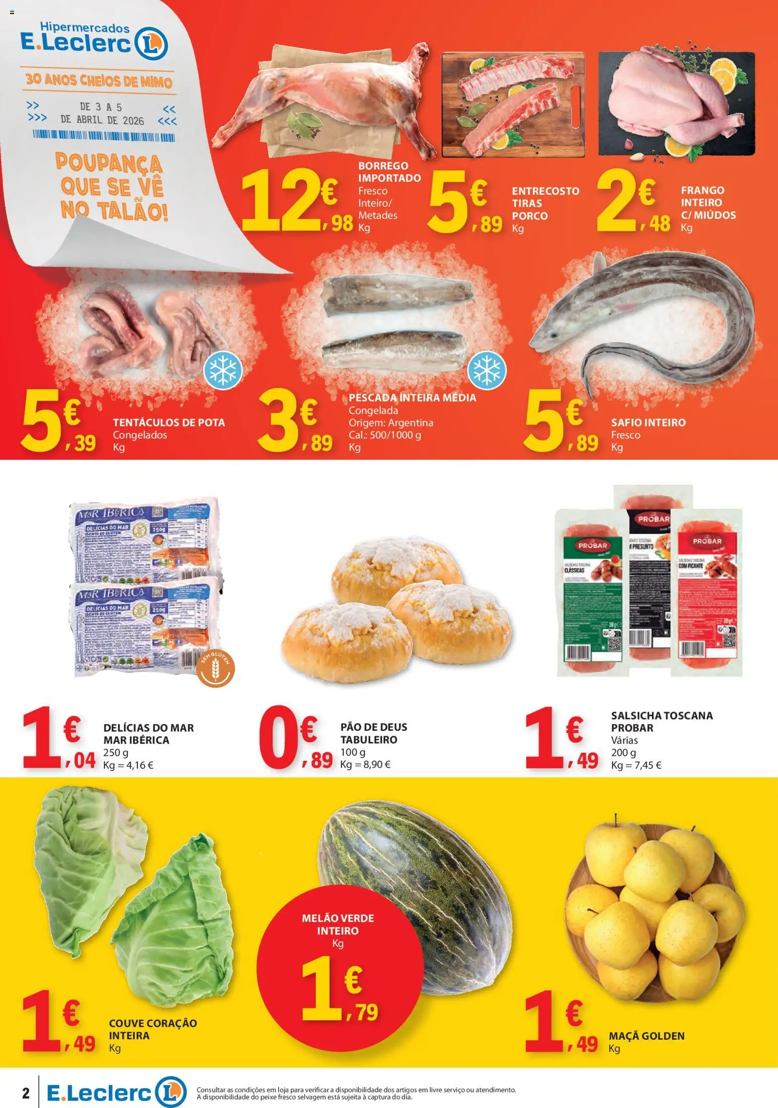 E.Leclerc Catálogo Fim de Semana │ válido de 03.04.2026 | Página: 2 | Produtos: Salsicha, Pão, Maça, Peixe