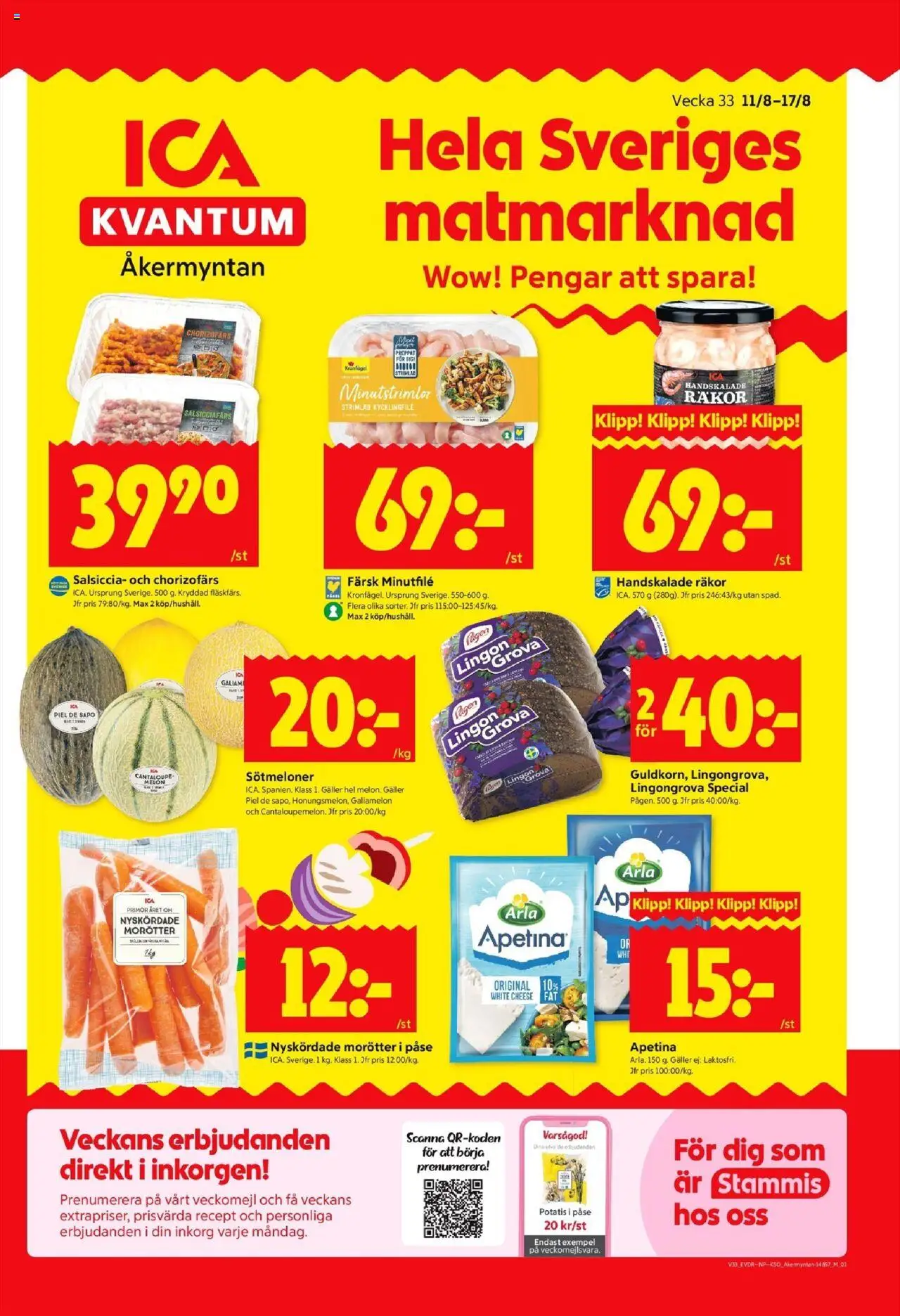 ICA Kvantum reklamblad aktuell från 11.08.2025 | Sida: 1 | Produkter: Kycklingfile, Galler, Räkor, Potatis