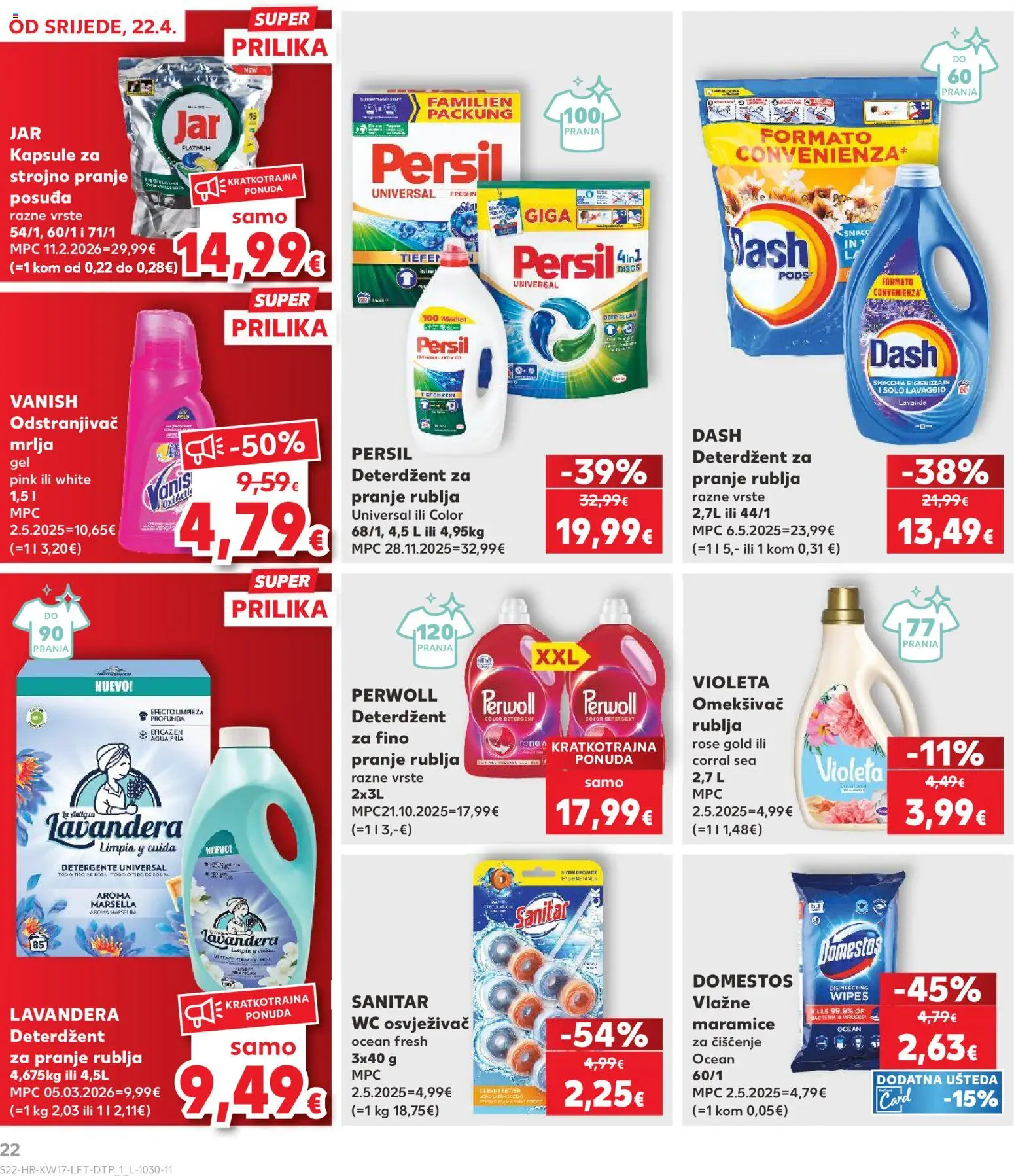 Kaufland katalog | vrijedi od 22.04.2026 | Stranica: 22 | Proizvodi: Vlažne maramice, Deterdžent za pranje rublja, Domestos, Dash