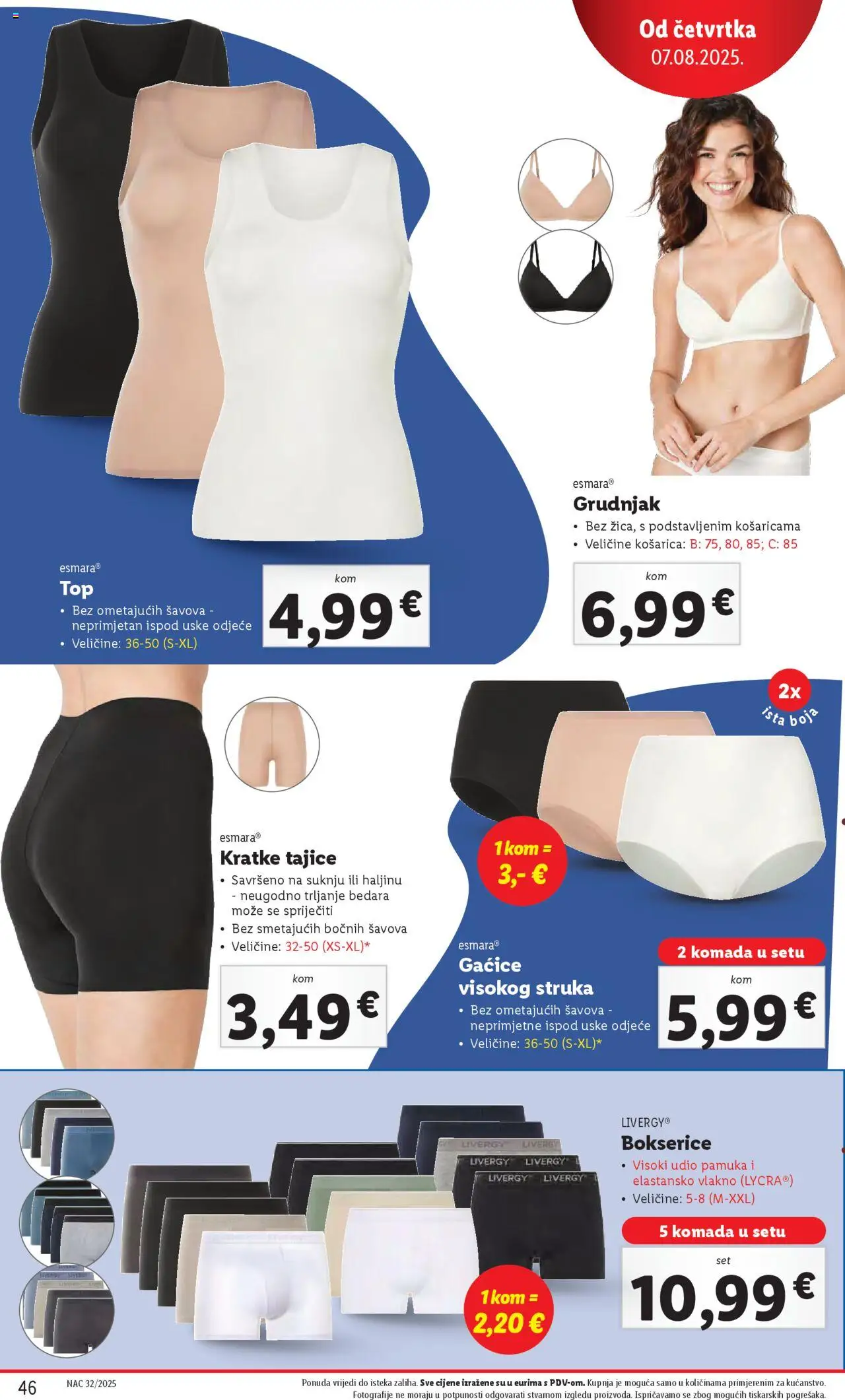 Lidl katalog | vrijedi od 04.08.2025 | Stranica: 46 | Proizvodi: Gaćice, Grudnjak, Tajice, Bokserice