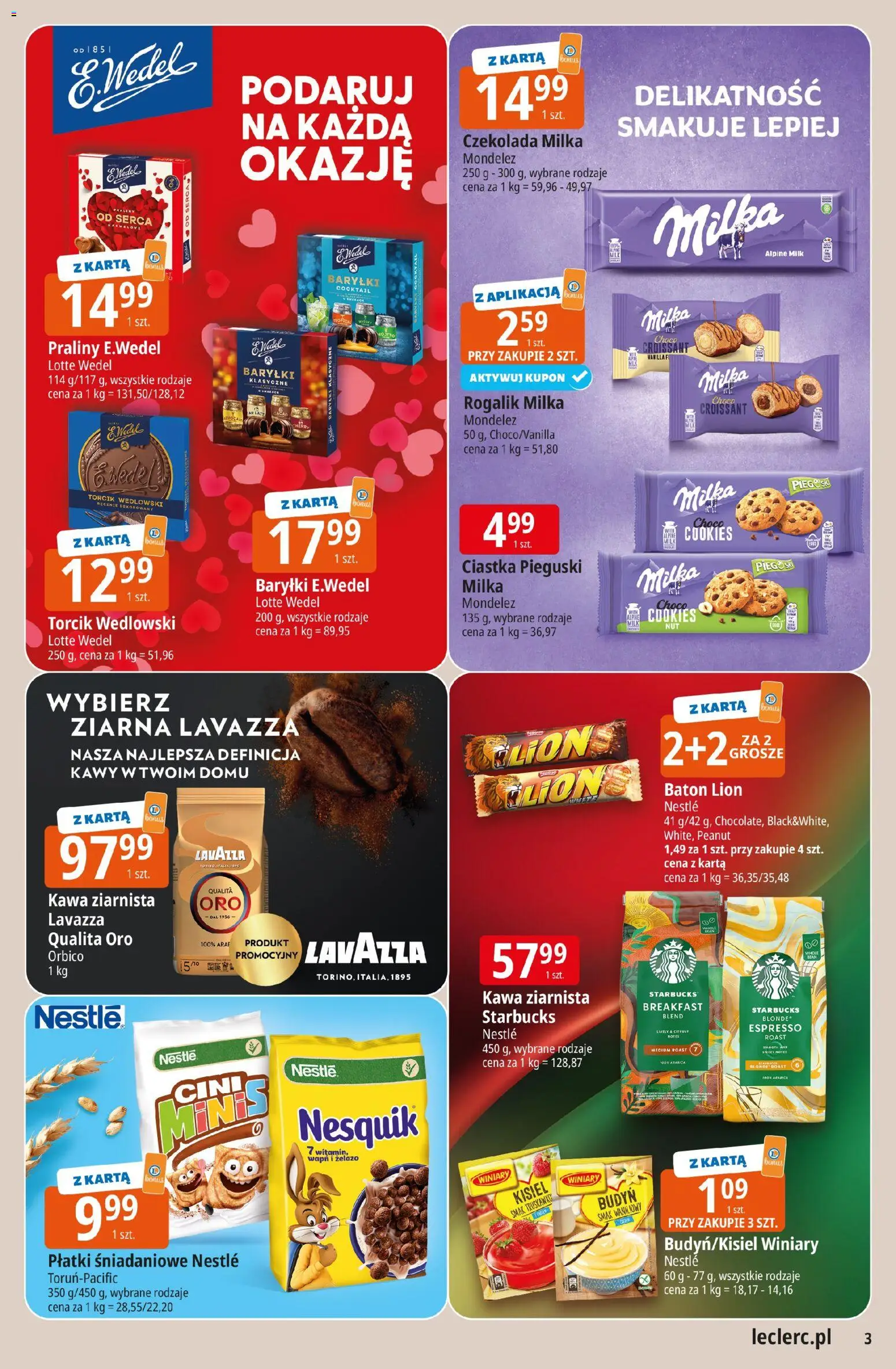 E.Leclerc Gazetka - Kłodzko od 24.02.2026 | Strona: 3 | Produkty: Praliny, Kawa ziarnista, Lavazza, Torcik wedlowski