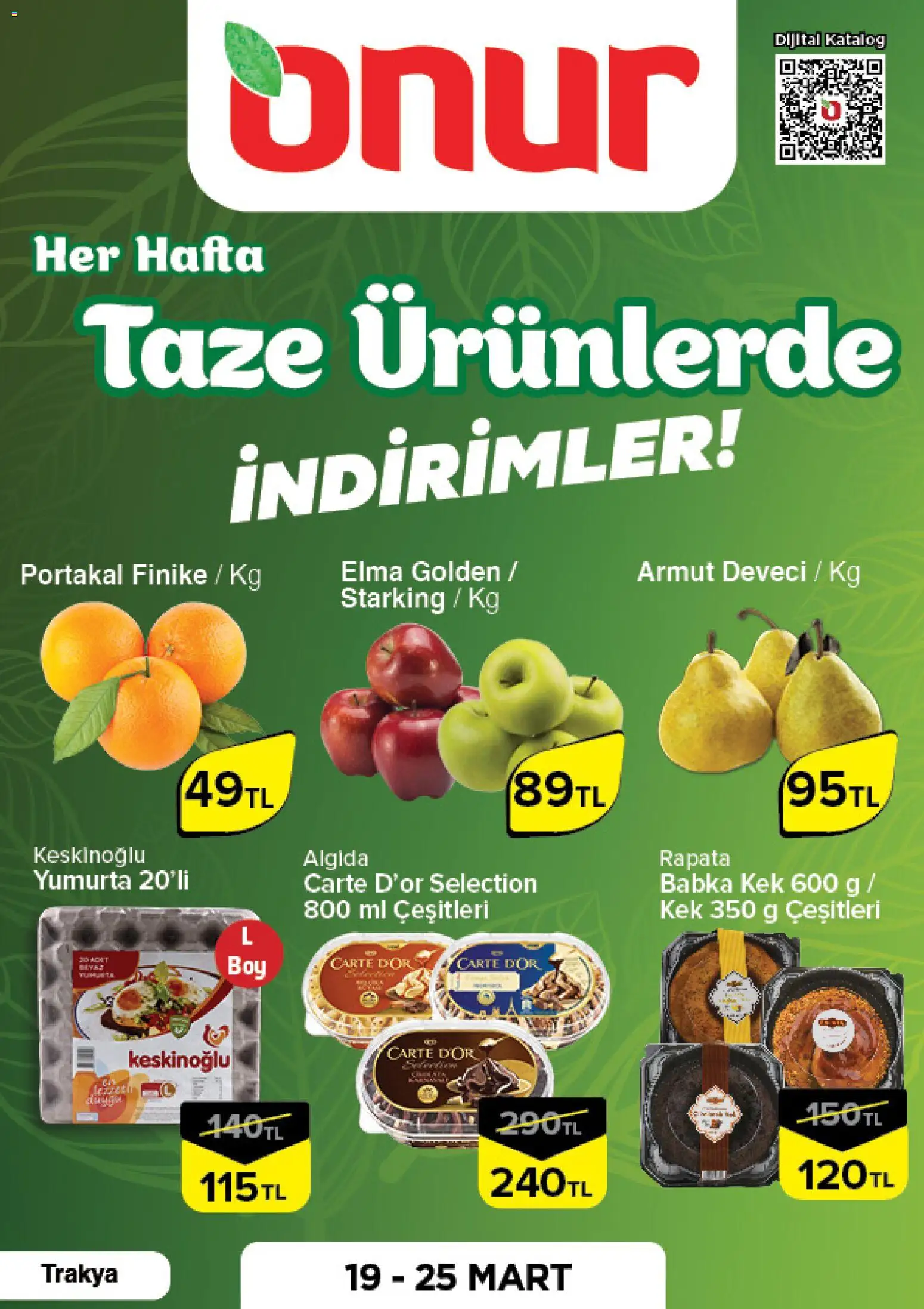 Onur Market - Taze Ürünlerde İndirimler - Trakya - 19.03.2026 tarihinden itibaren geçerlidir | Sayfa: 1 | Ürünler: Yumurta, Elma, Portakal, Armut