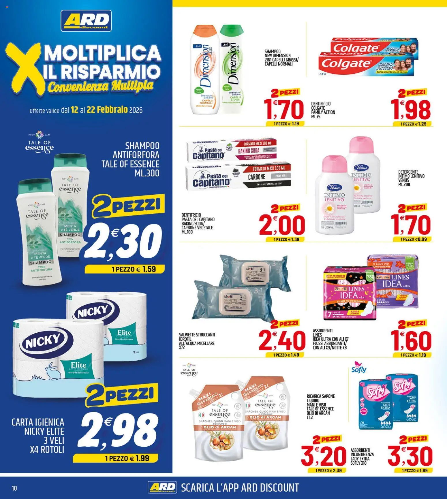 Volantino ARD Discount del 12.02.2026 | Pagina: 10 | Prodotti: Salviette struccanti, Detergente, Olio, Pasta
