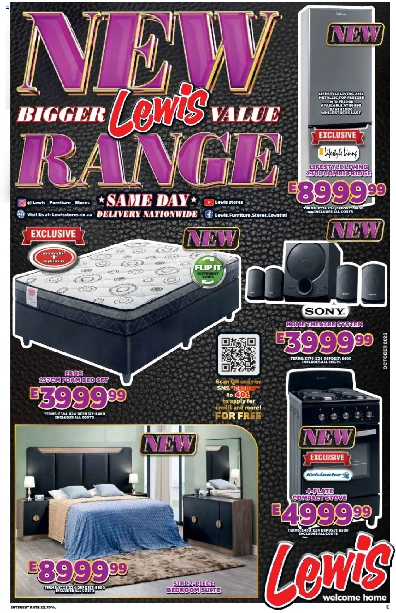 New Lewis Stores catalogue – valid from 01.10.2025 | Page: 1 | Products: Freezer, Stove, Bed, Fridge