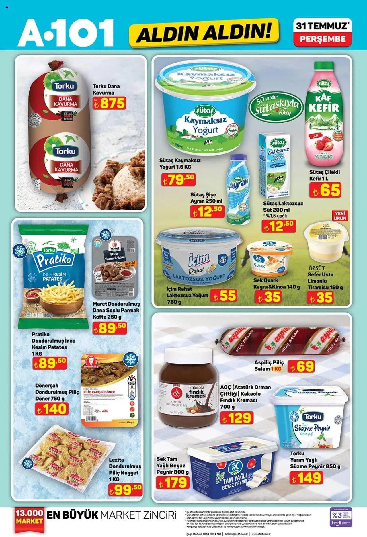 A101 Katalog Aldın Aldın - 31.07.2025 tarihinden itibaren geçerlidir | Sayfa: 1 | Ürünler: Döner, Yoğurt, Çilek, Fındık