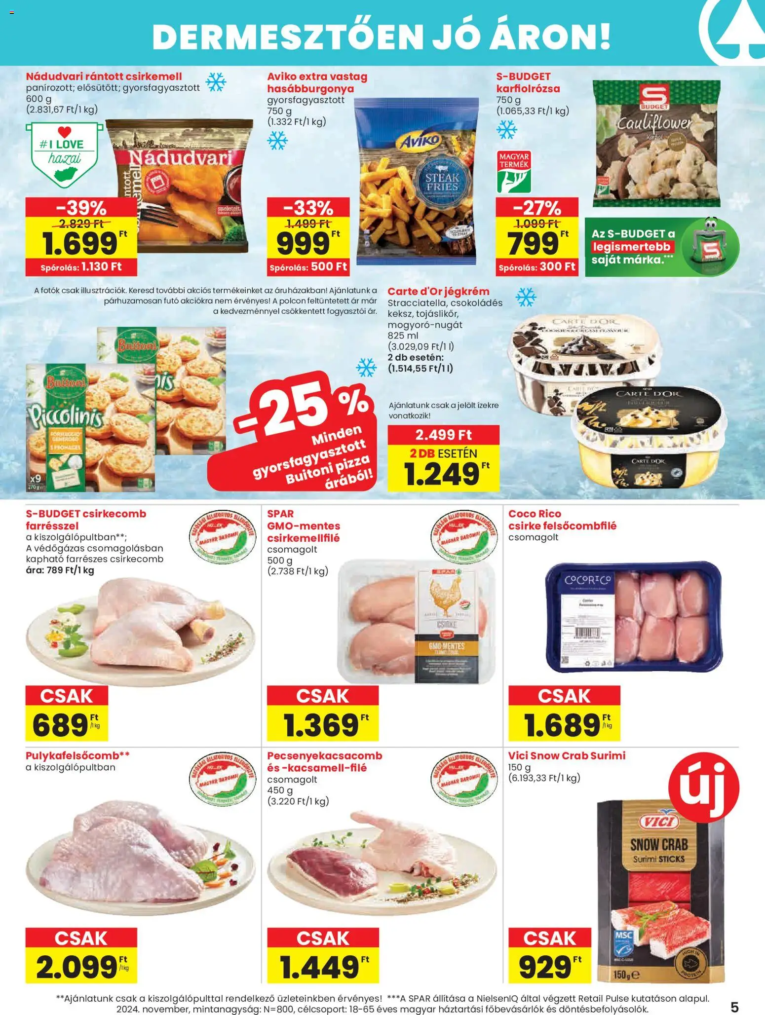 Spar akciós ujság - amely érvényes a következő dátumtól: 13.11.2025 | Oldal: 5 | Termékek: Pizza, Jégkrém, Csirkecomb, Csirkemell