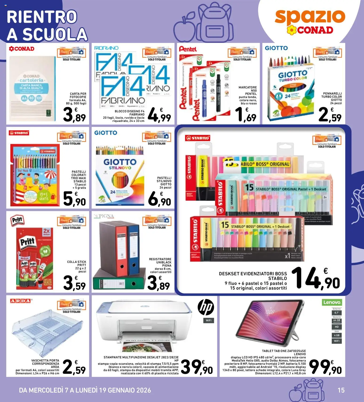 Volantino Spazio Conad del 07.01.2026 | Pagina: 15 | Prodotti: Schermo, Tablet, Audio, Pastelli
