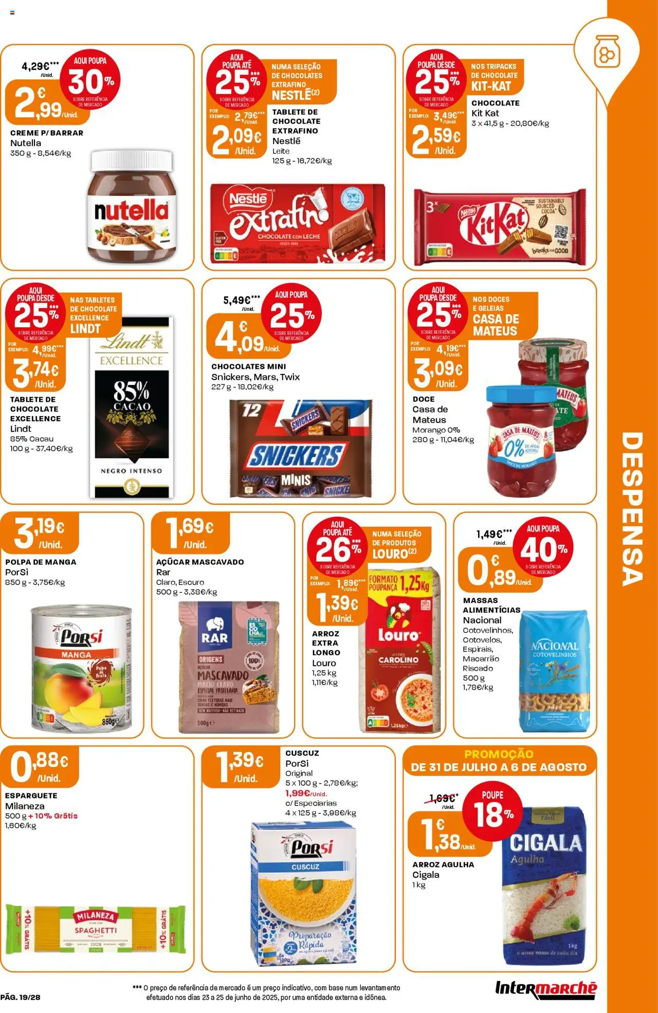 Intermarché folheto │ válido de 31.07.2025 | Página: 19 | Produtos: Esparguete, Milaneza, Leite, Doces