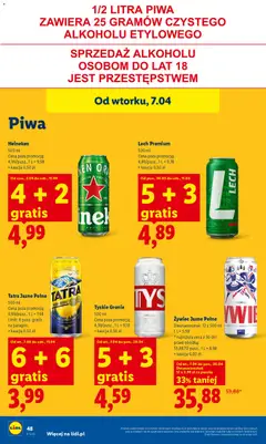 Pogląd oferty "Lech Premium, 500 ml. Cena poza promocją: 4,89/pusz., 1 L = 9,78 + kaucja 0,50 zł. Od pon., 30.03 do sob., 11.04. 5+3 gratis" - ważna od 09.04.2026 | Strona: 48