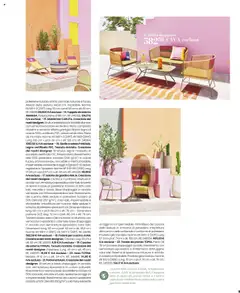 Anteprima del volantino Poltrona ISALIA, Creazione dei nostri designer. Struttura e base d'appoggio in acciaio con verniciatura epossidica in colore naturale. Rivestimento in resina a base di polietilene riciclato al 50% color kaki, naturale e fucsia, resistente ai raggi UV e impermeabile. Rivestimento dei cuscini in poliestere riciclato al 50% (densità 250 g/m²), color kaki, resistente ai raggi UV e impermeabile. Imbottitura del cuscino della seduta in schiuma di poliestere. Imbottitura del cuscino dello schienale in schiuma di poliestere. Prodotto già montato. Norme: EN 581 1-2 (2017). Larg. 87 cm x prof. 71 cm x alt. 160 cm. valido a partire dal 14.04.2025 | Pagina: 9