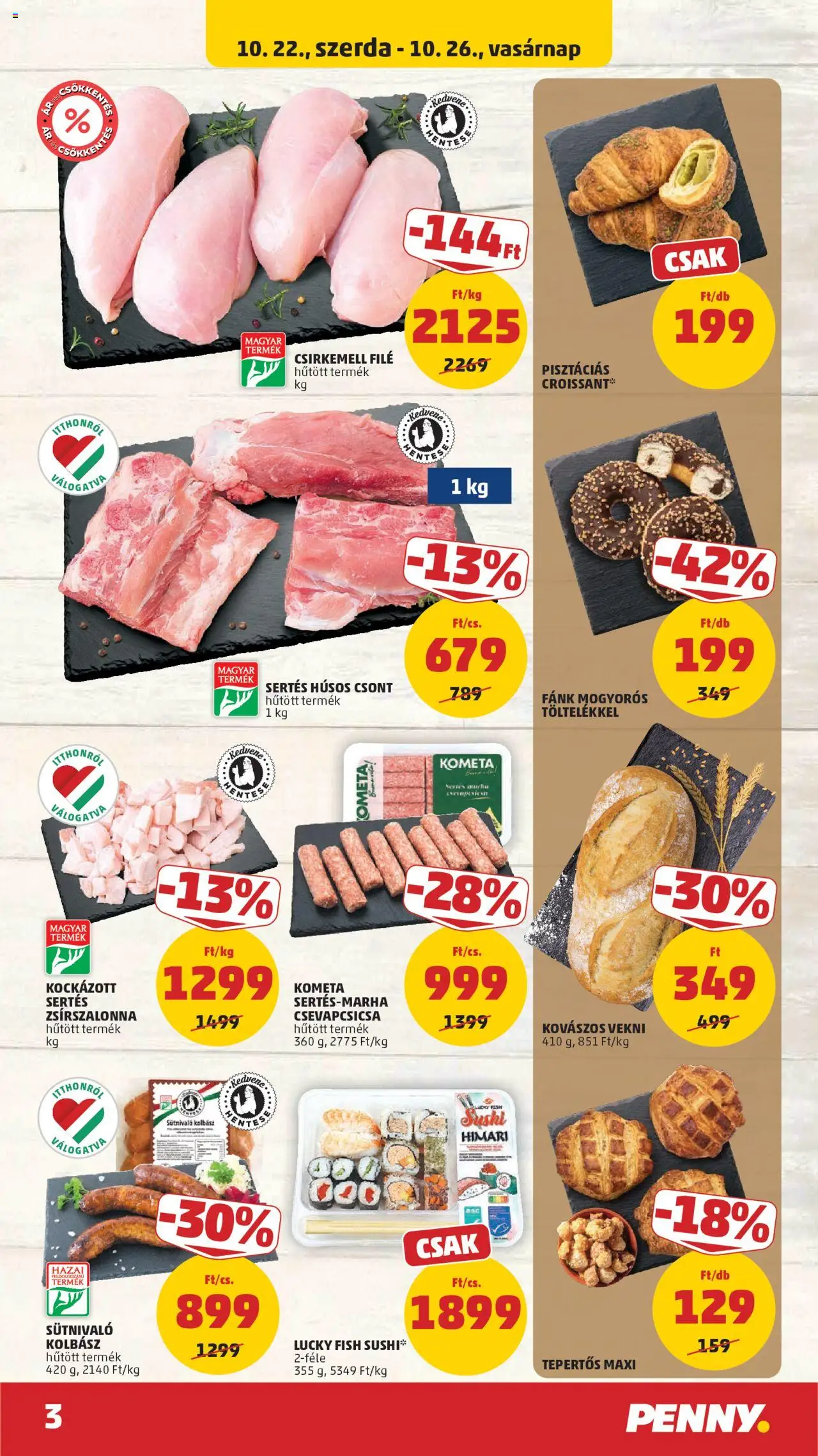PENNY akciós ujság - amely érvényes a következő dátumtól: 22.10.2025 | Oldal: 3 | Termékek: Croissant, Kolbász, Fánk, Csirkemell