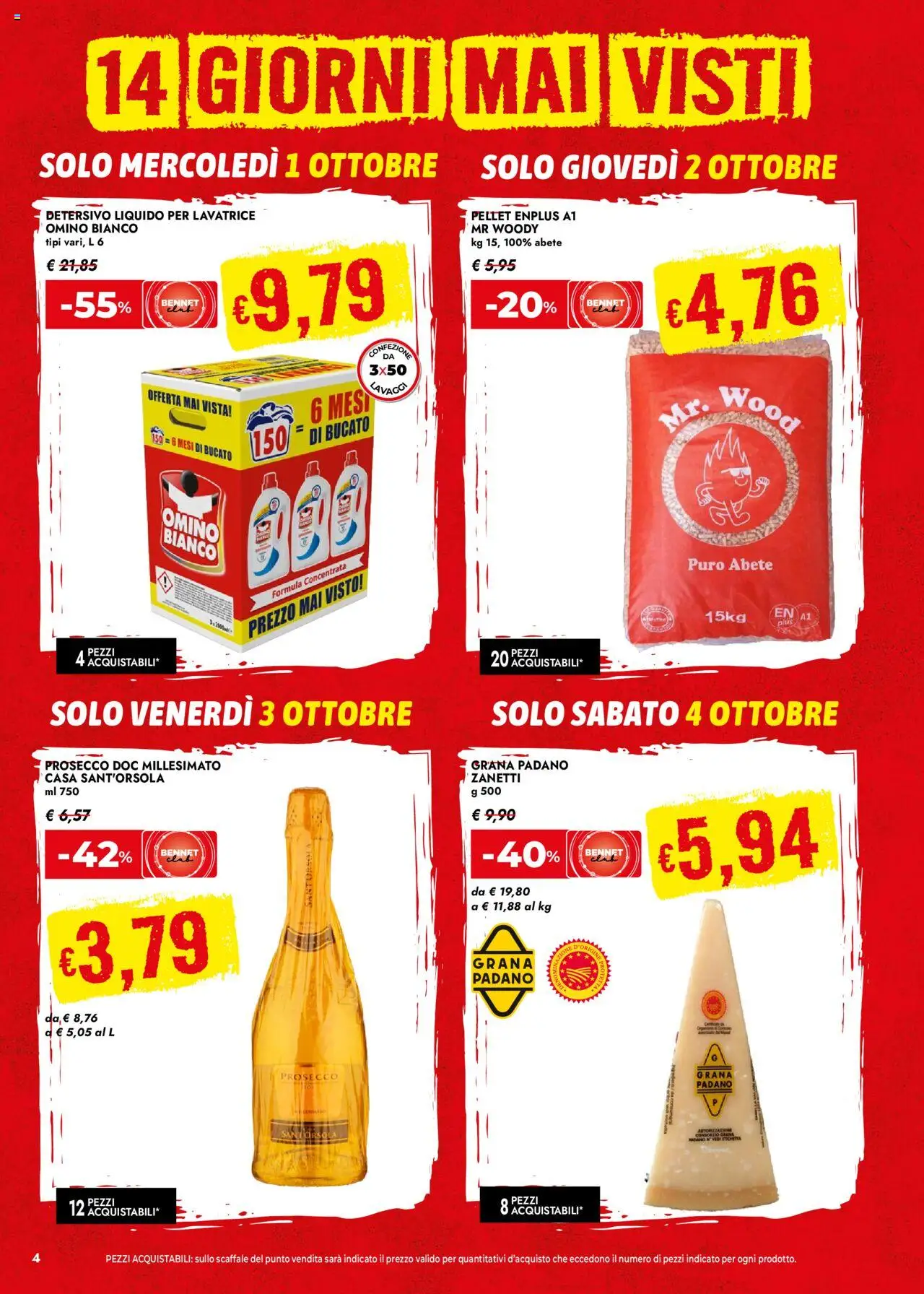 Volantino bennet del 25.09.2025 | Pagina: 4 | Prodotti: Pellet, Prosecco, Lavatrice, Grana Padano