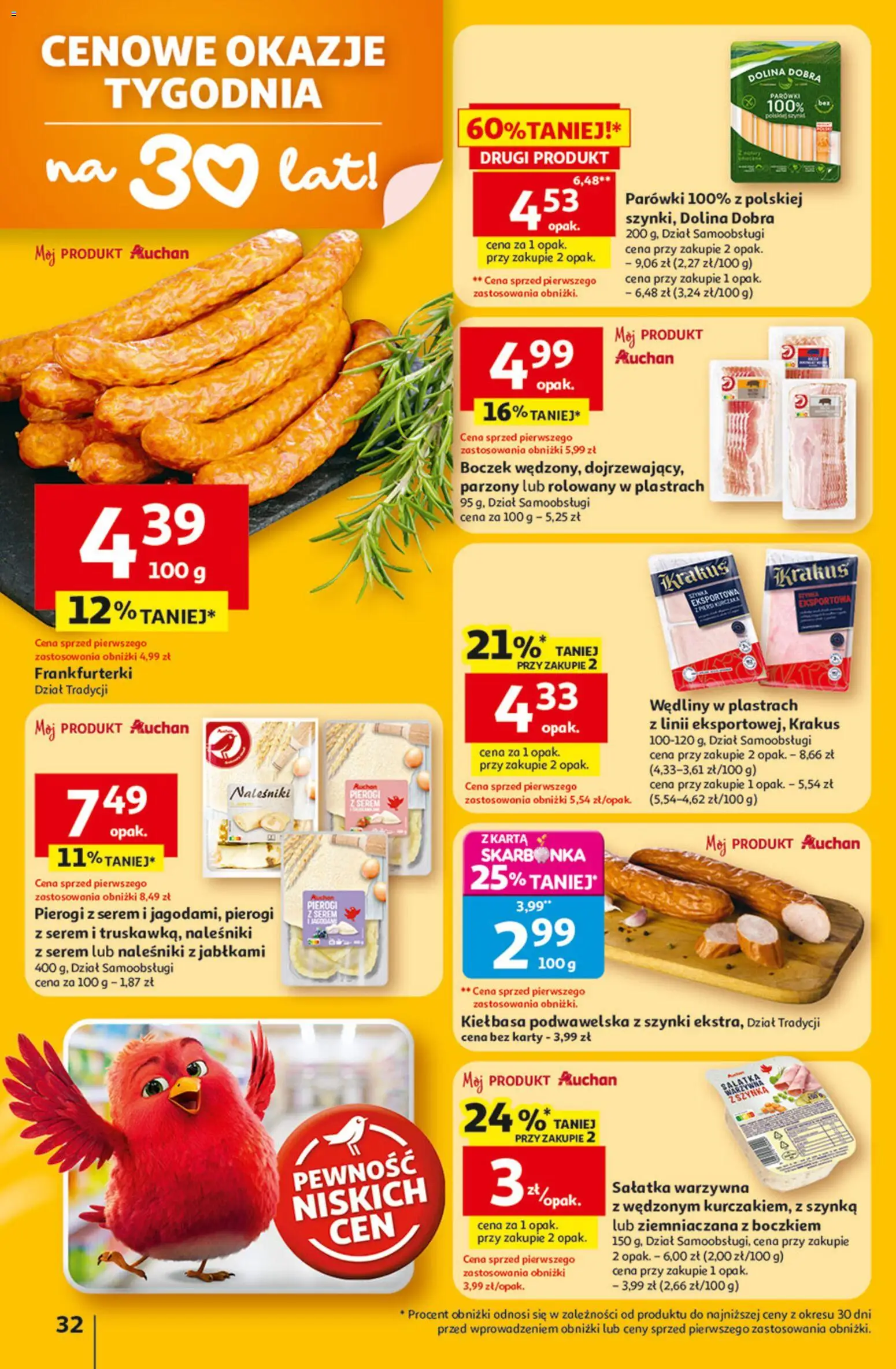 Auchan gazetka - 30 Lat Hipermarket od 23.04.2026 | Strona: 32 | Produkty: Parówki, Kiełbasa podwawelska, Naleśniki, Sałatka
