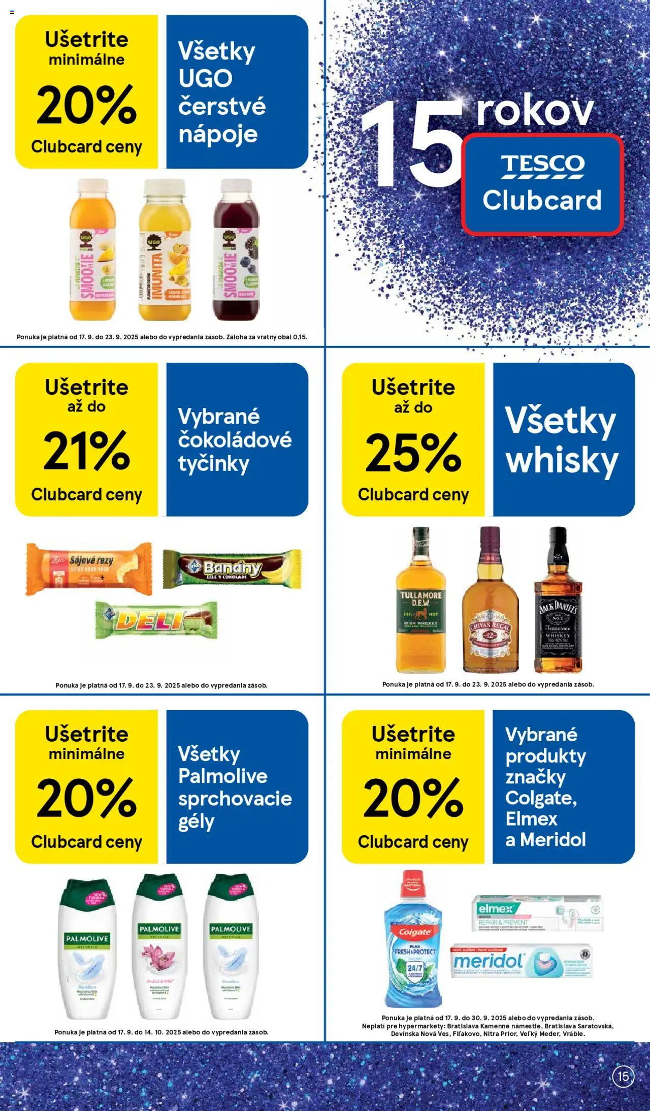 Nové Tesco akcie – leták je platný od 17.09.2025 | Strana: 15 | Produkty: Regál, Banány, Chivas Regal, Jack Daniel's