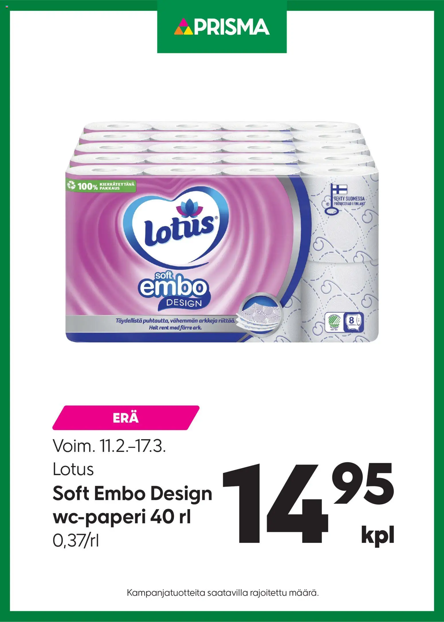 Prisma tarjoukset Lotus Soft Embo – voimassa 11.02.2026 alkaen | Sivu: 1 | Tuotteet: Wc-paperi