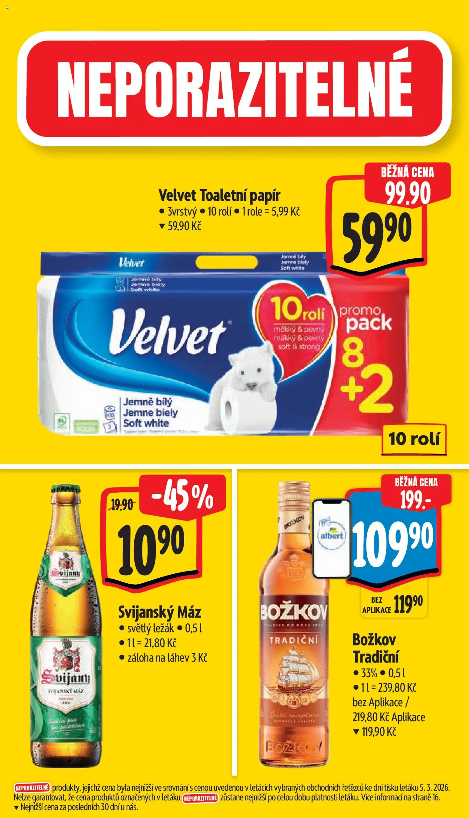 Albert leták - Supermarket od 11.03.2026 | Strana: 5 | Produkty: Toaletní papír, Svijanský Máz, Velvet, Božkov