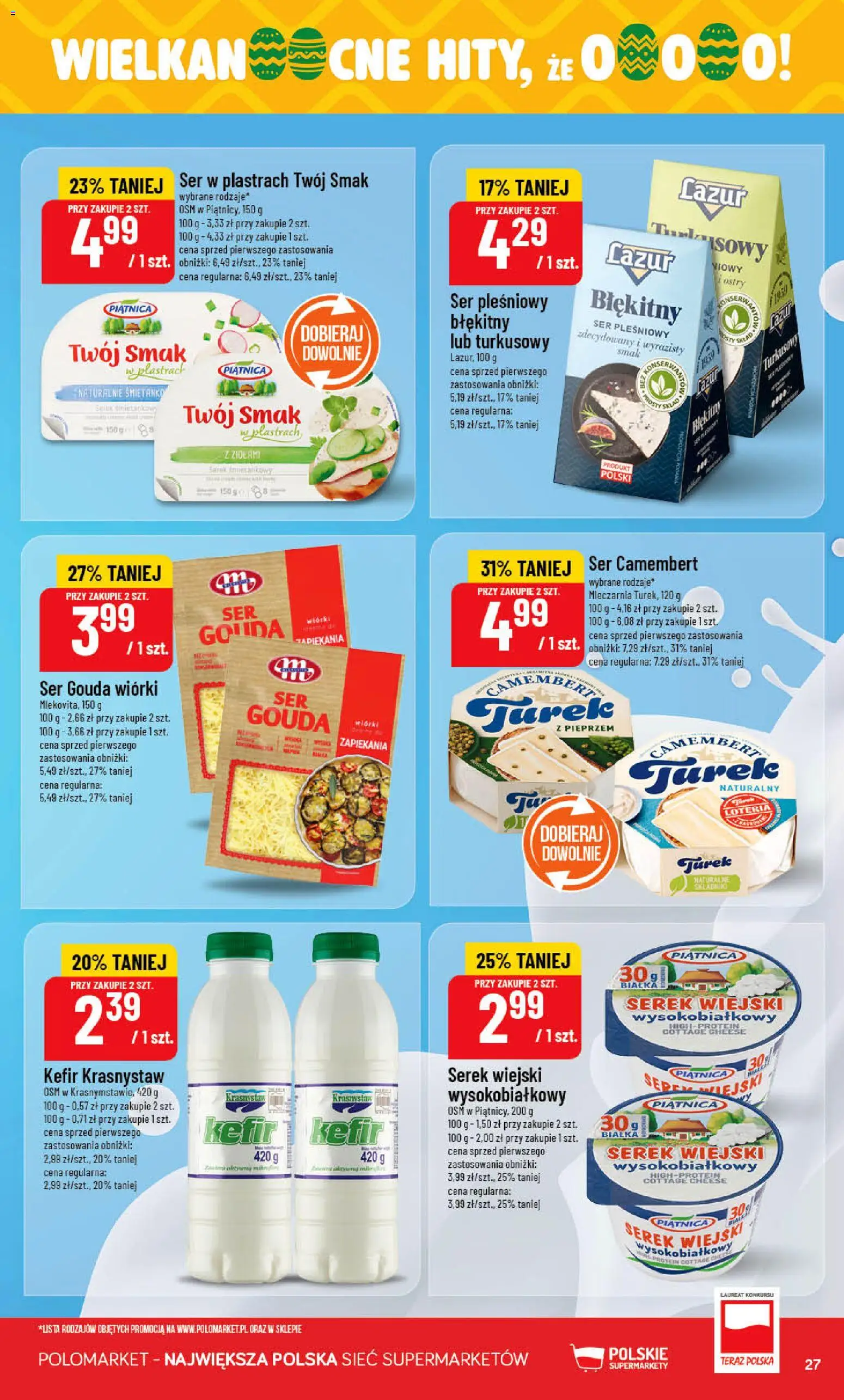 POLOmarket gazetka od 18.03.2026 | Strona: 27 | Produkty: Serek, Camembert, Serek wiejski wysokobiałkowy, Ser gouda