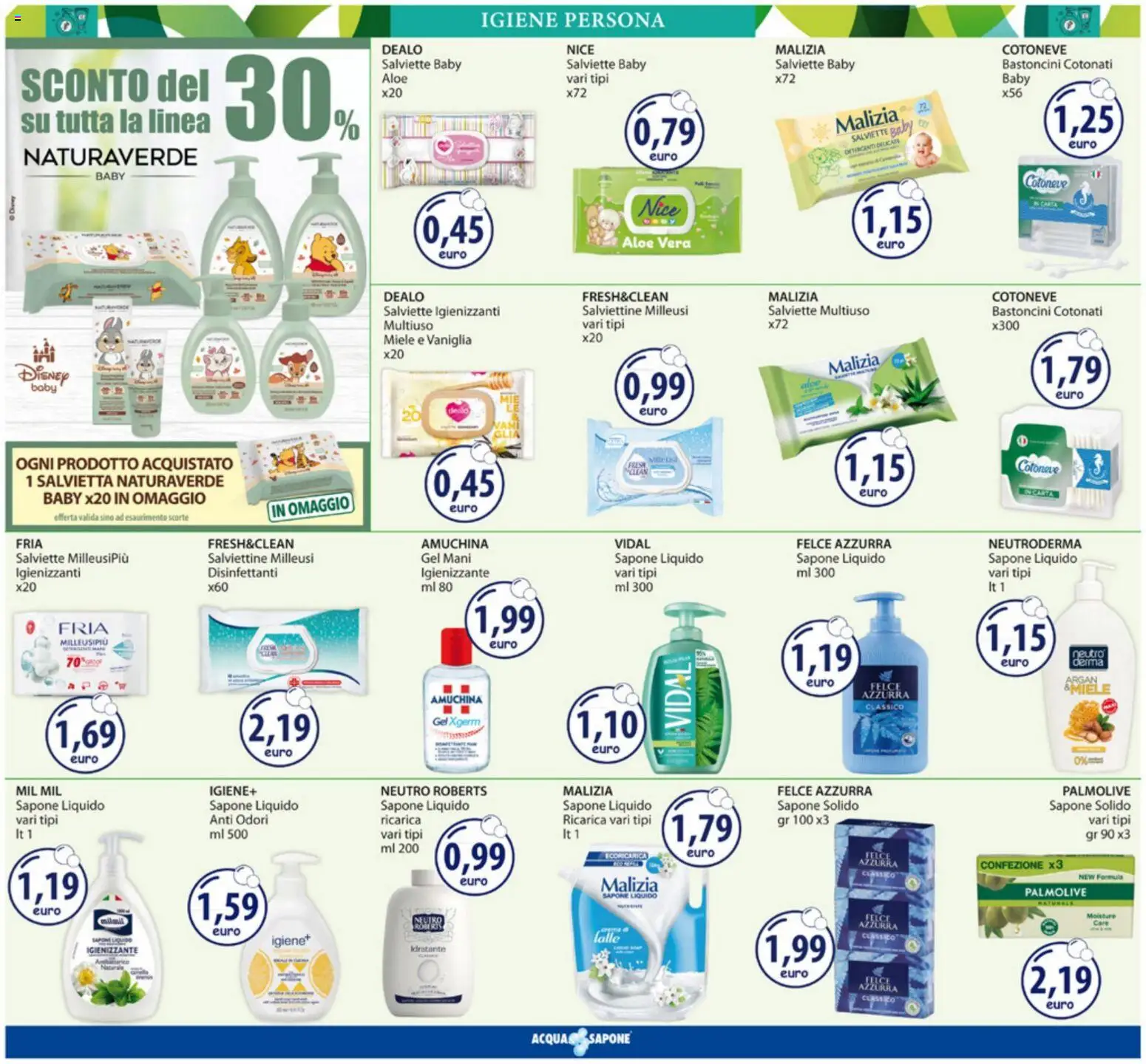 Volantino Acqua e Sapone del 23.03.2026 | Pagina: 10 | Prodotti: Salviette igienizzanti, Sapone, Miele, Aloe vera