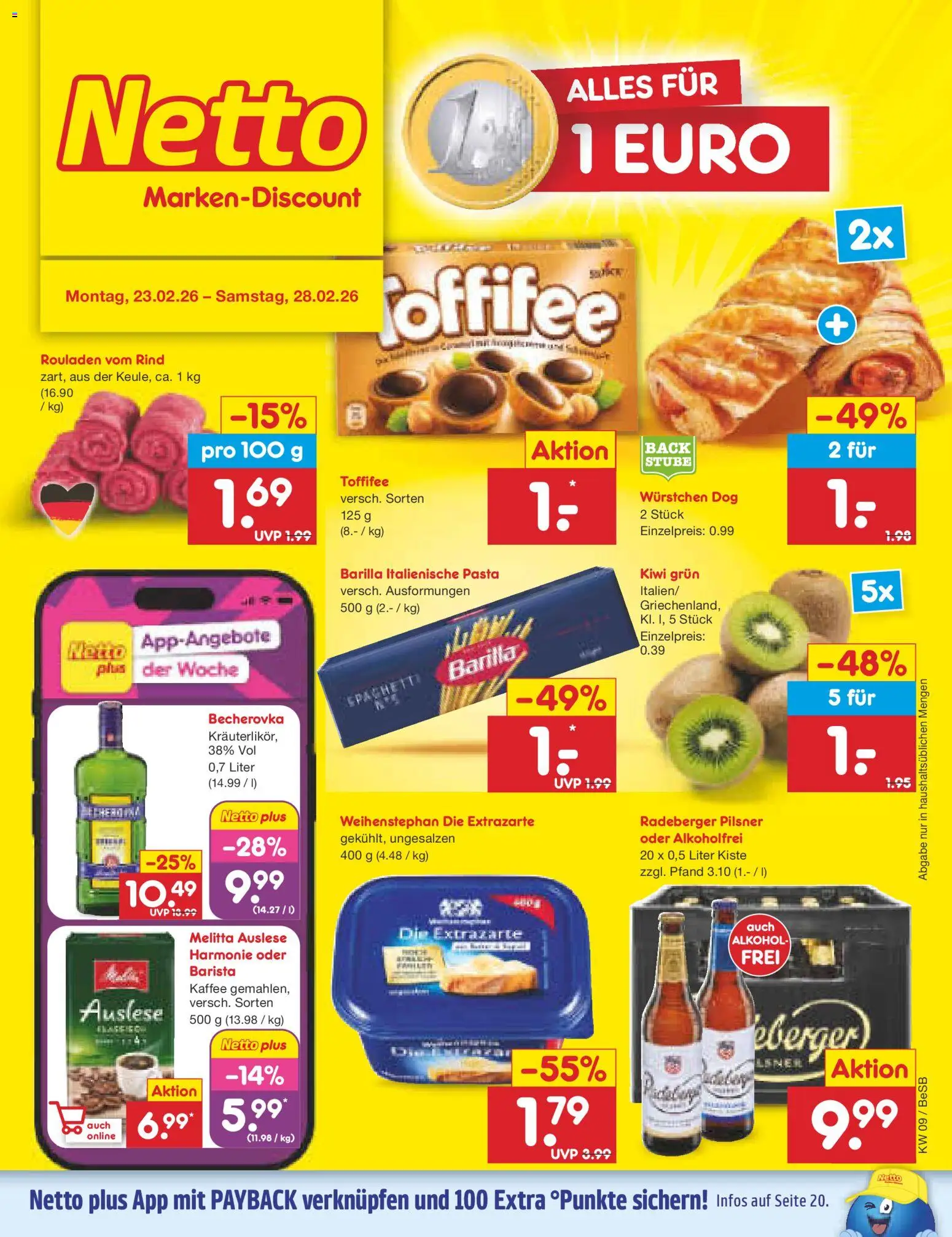 Netto Marken-Discount Prospekt 	 – gültig ab 23.02.2026 | Seite: 1 | Produkte: Kaffee, Toffifee, Kiwi, Radeberger pilsner