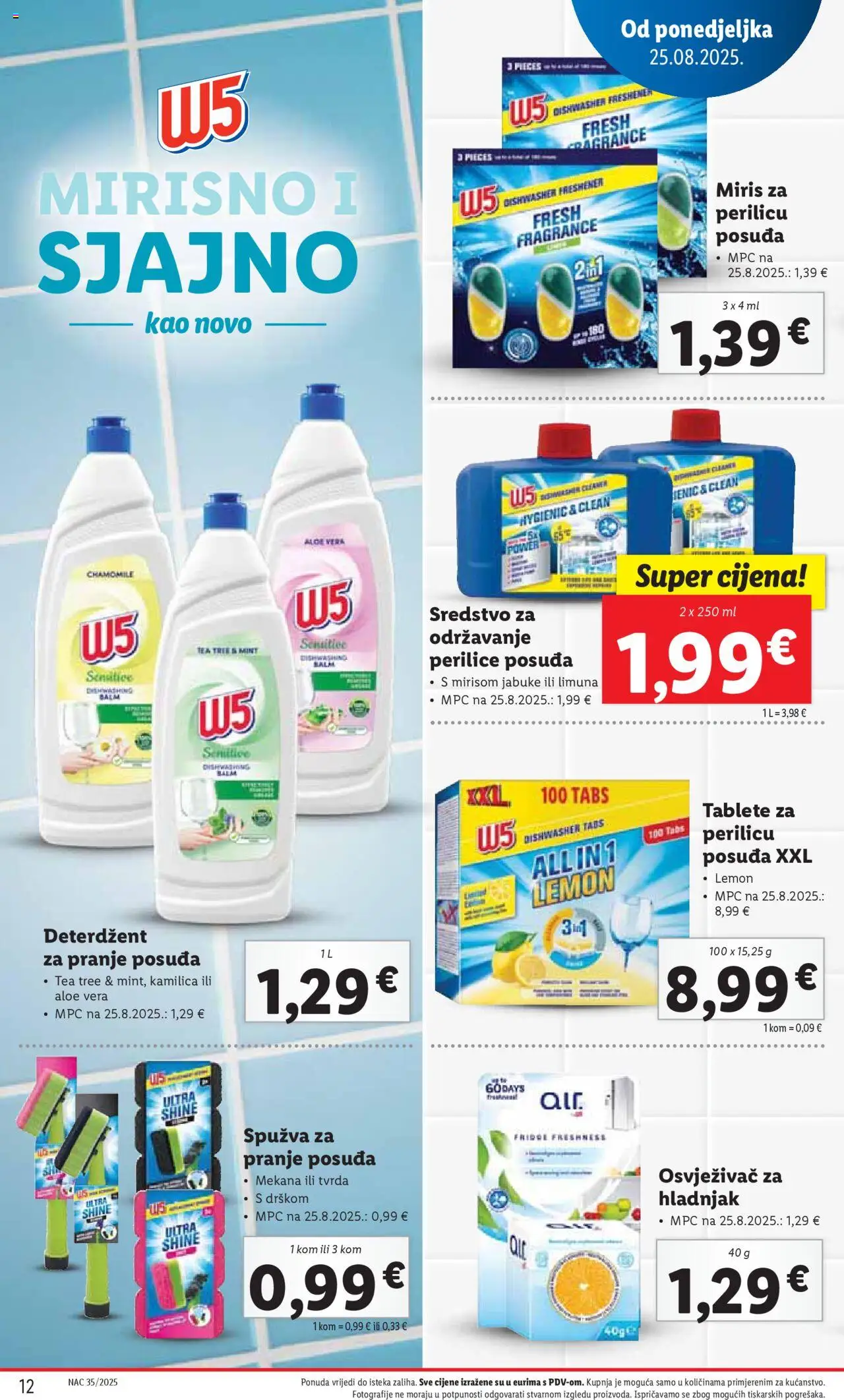 Lidl katalog | vrijedi od 25.08.2025 | Stranica: 12 | Proizvodi: Miris, Spužva, Tablete za perilicu posuđa, Deterdžent za pranje posuđa
