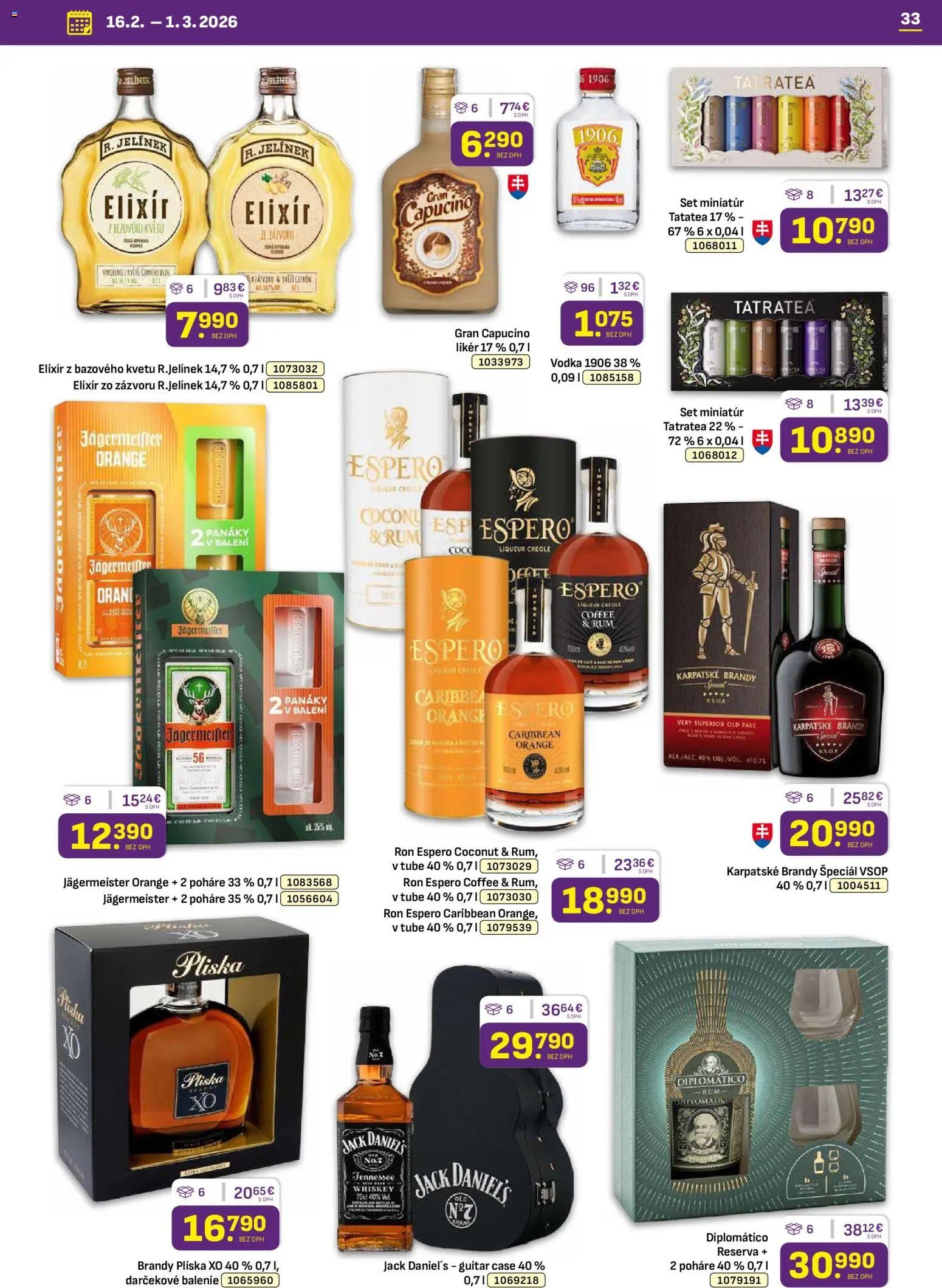 Nové Libex akcie – leták je platný od 16.02.2026 | Strana: 33 | Produkty: Jägermeister, Diplomatico, Karpatské brandy, Jack Daniel's