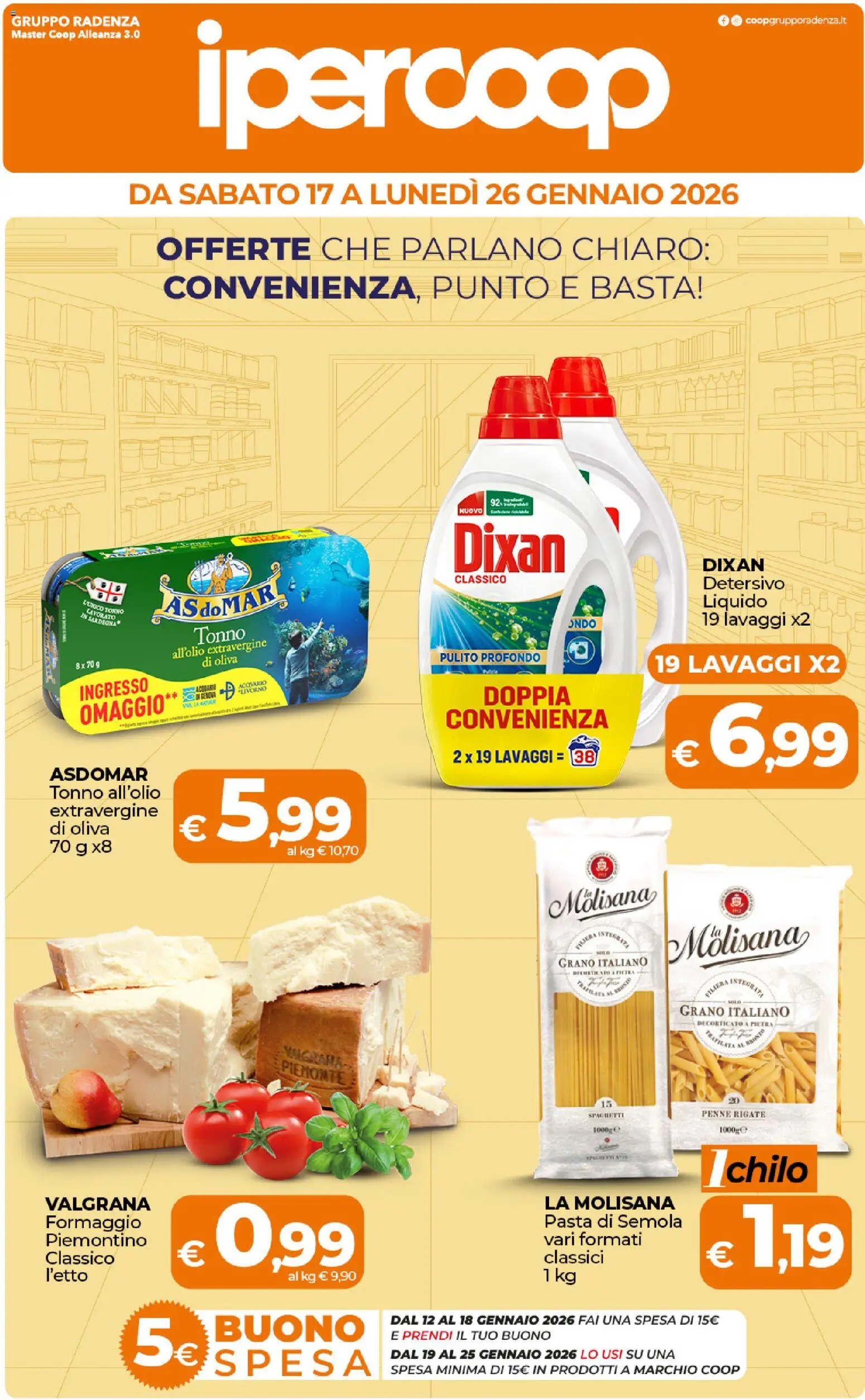 Volantino Ipercoop del 17.01.2026 | Pagina: 1 | Prodotti: Formaggio, Pasta, Tonno, Penne