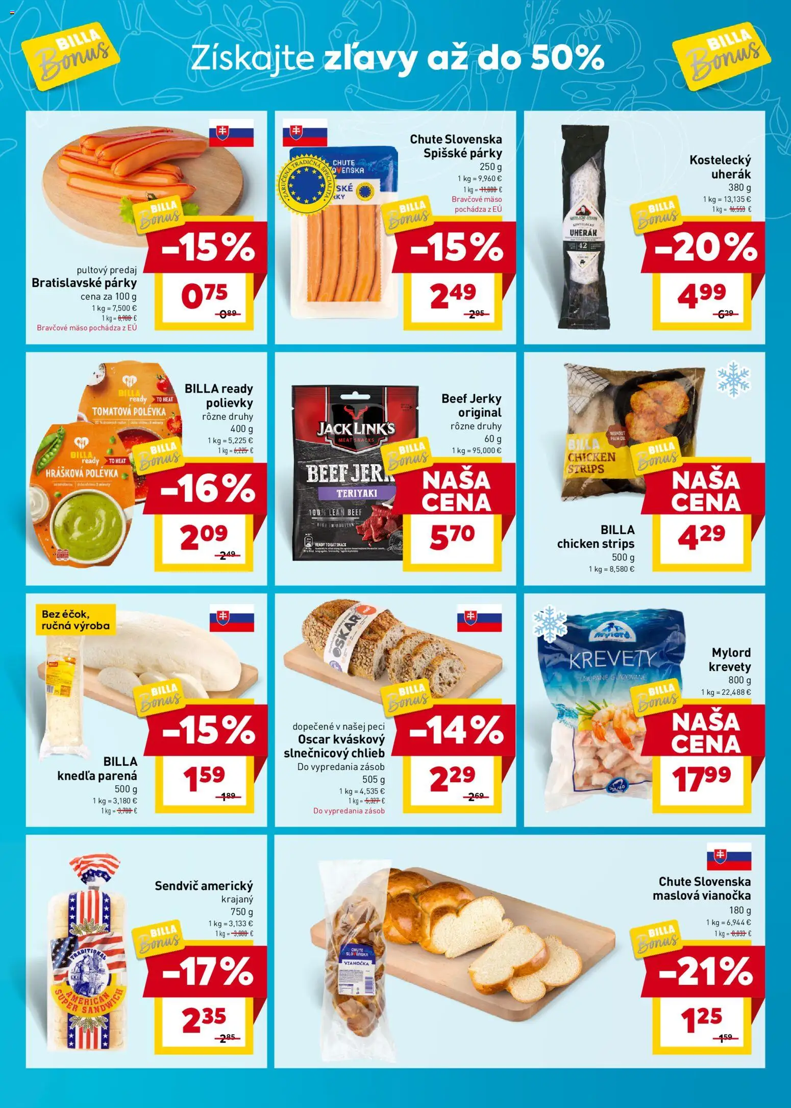 Nové Billa akcie – leták je platný od 05.11.2025 | Strana: 3 | Produkty: Krevety, Bravčové mäso, Párky, Sendvič