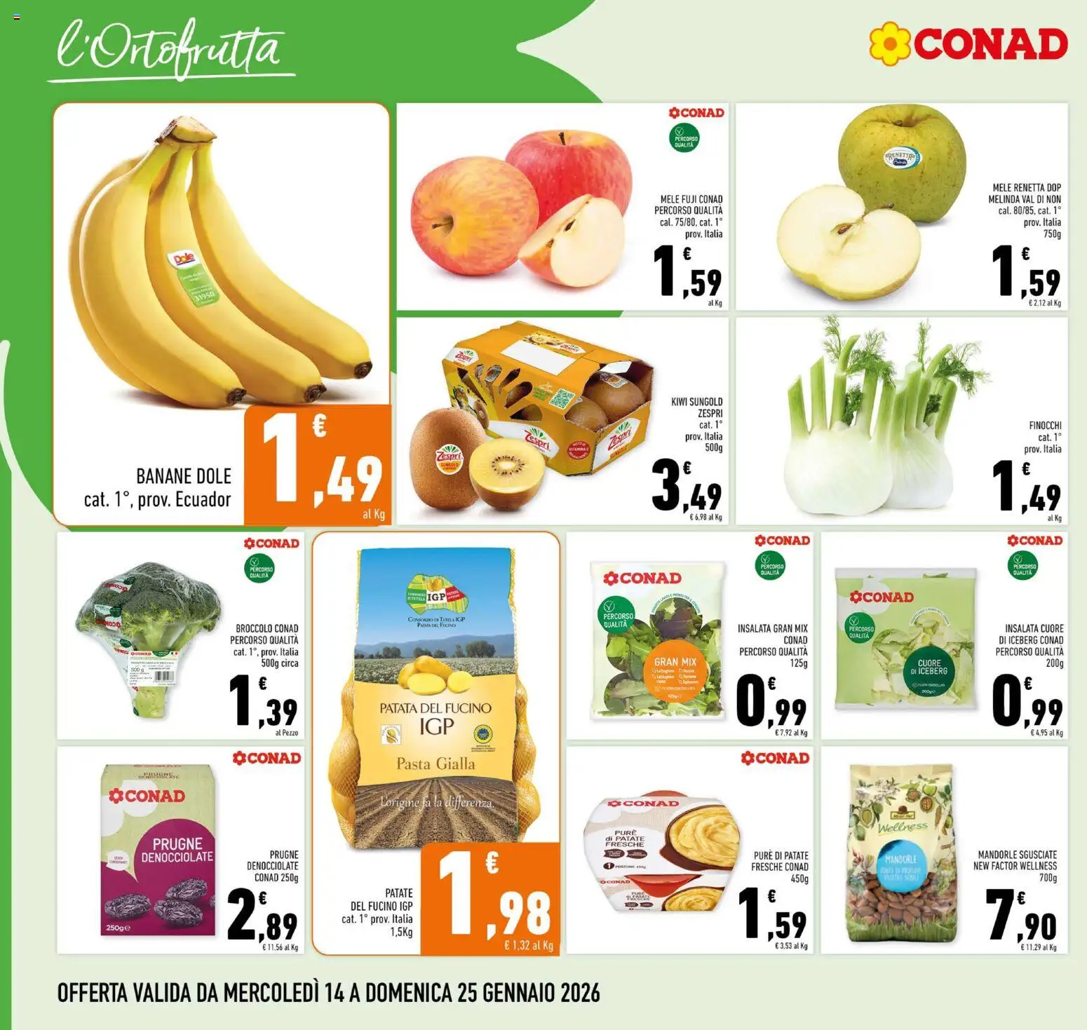 Volantino Conad del 14.01.2026 | Pagina: 4 | Prodotti: Banane, Insalata, Patate, Pasta