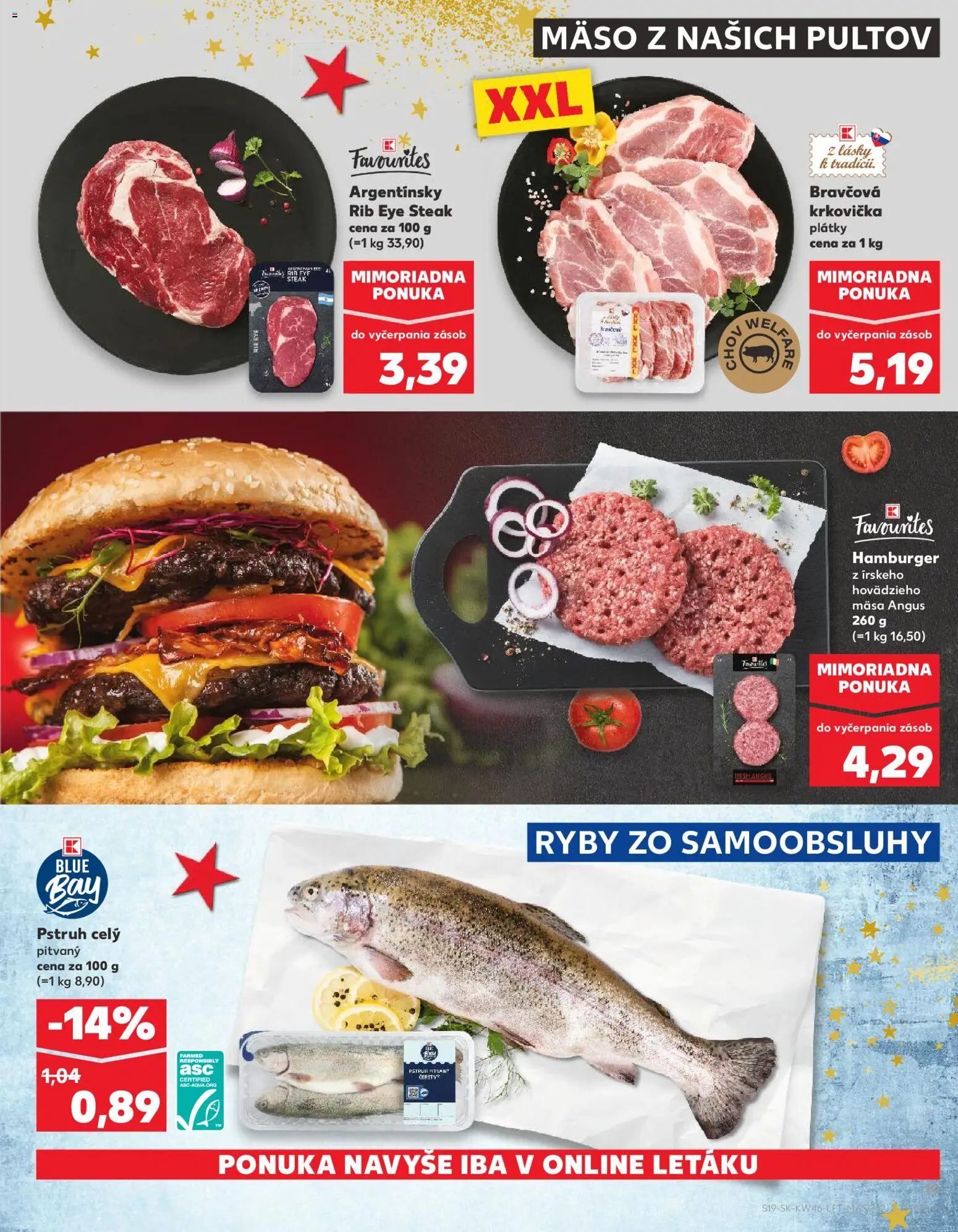 Nové Kaufland akcie – leták je platný od 13.11.2025 | Strana: 19 | Produkty: Ryby, Bravčová krkovička, Krkovička, Steak