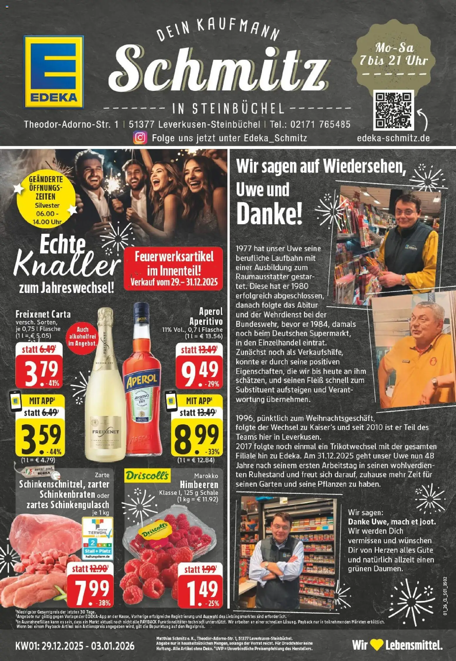 Edeka prospekt Leverkusen	 – gültig ab 28.12.2025 | Seite: 1 | Produkte: Himbeeren, Freixenet, Aperol, Uhr
