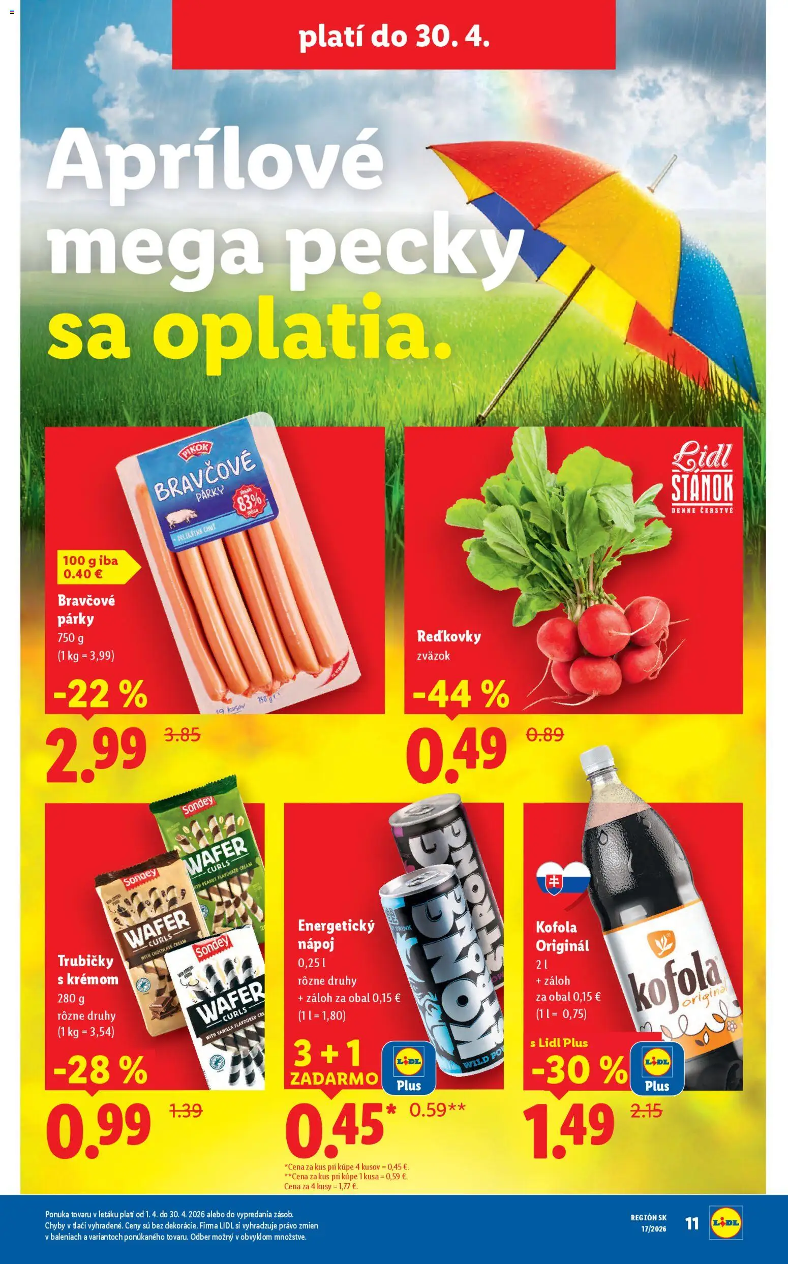 Nové Lidl akcie – leták je platný od 20.04.2026 | Strana: 11 | Produkty: Kofola, Párky, Cola, Energetický nápoj