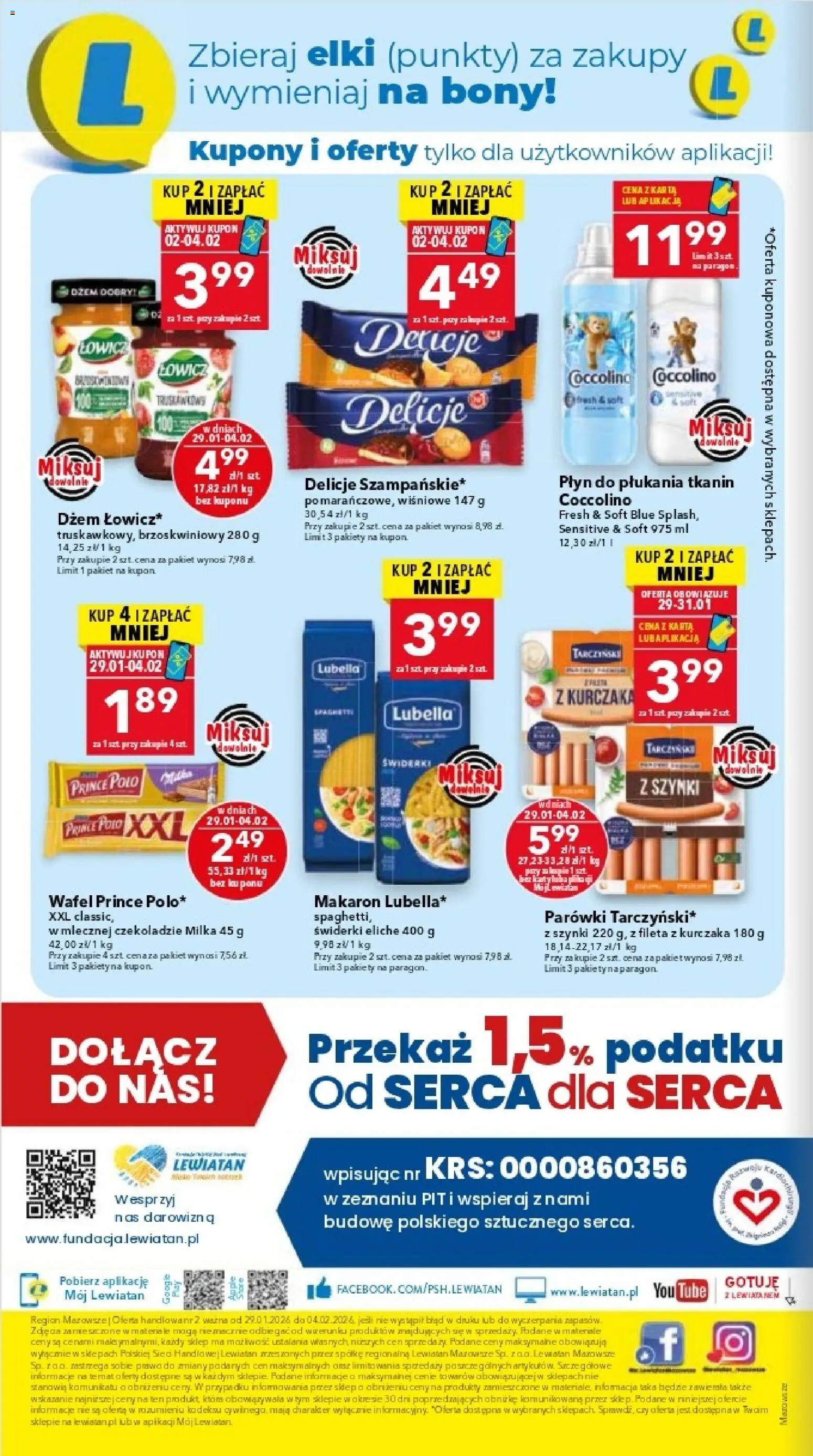 Lewiatan gazetka - Warszawa od 29.01.2026 | Strona: 8 | Produkty: Karta, Milka, Płyn do płukania tkanin, Makaron