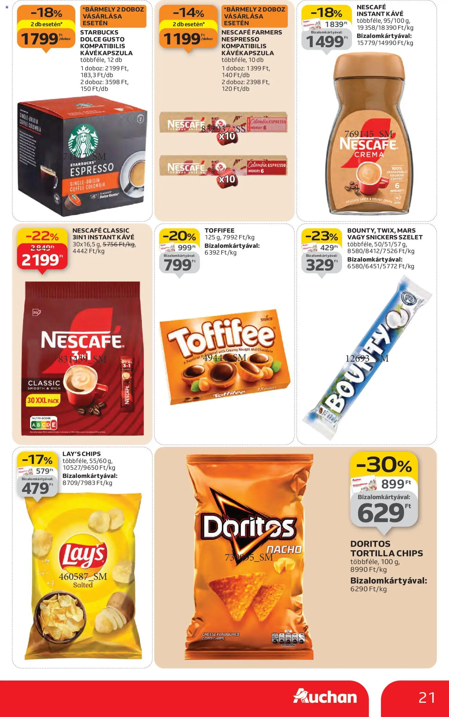 Auchan akciós ujság - amely érvényes a következő dátumtól: 22.01.2026 | Oldal: 21 | Termékek: Kávékapszula, Snickers, Toffifee, Instant kávé